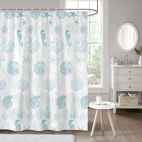 zokyer Cortina de ducha de playa con temática náutica costera bajo el mar, conchas marinas, coral tropical, estrellas de mar, caballito de mar, azul