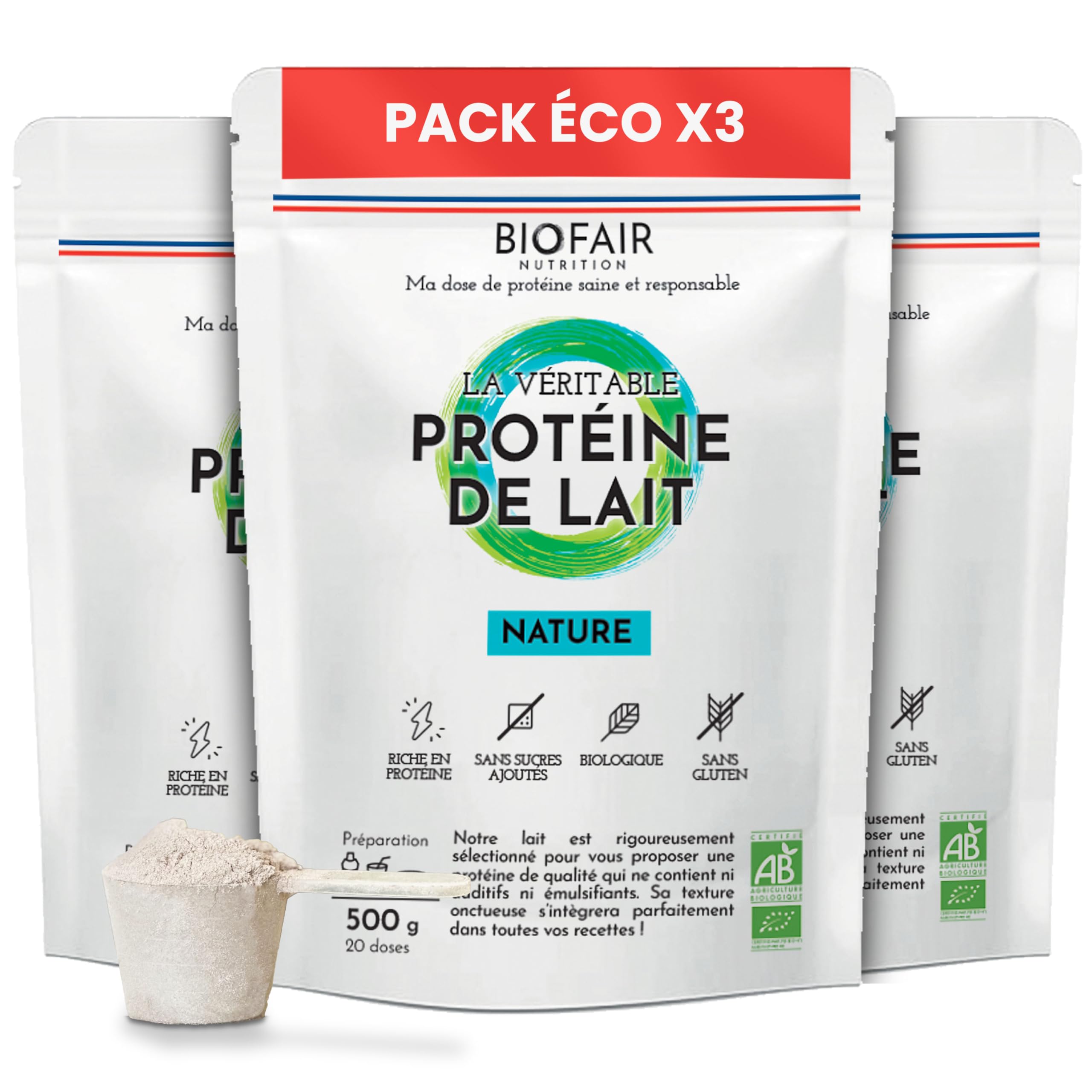 Proteinas Whey Orgánica - Paquete de 3 - Saludable, 100% Natural y Procedente de Nuestros Pastos Franceses - Sabor Natural y Neutro - 1500 Gr