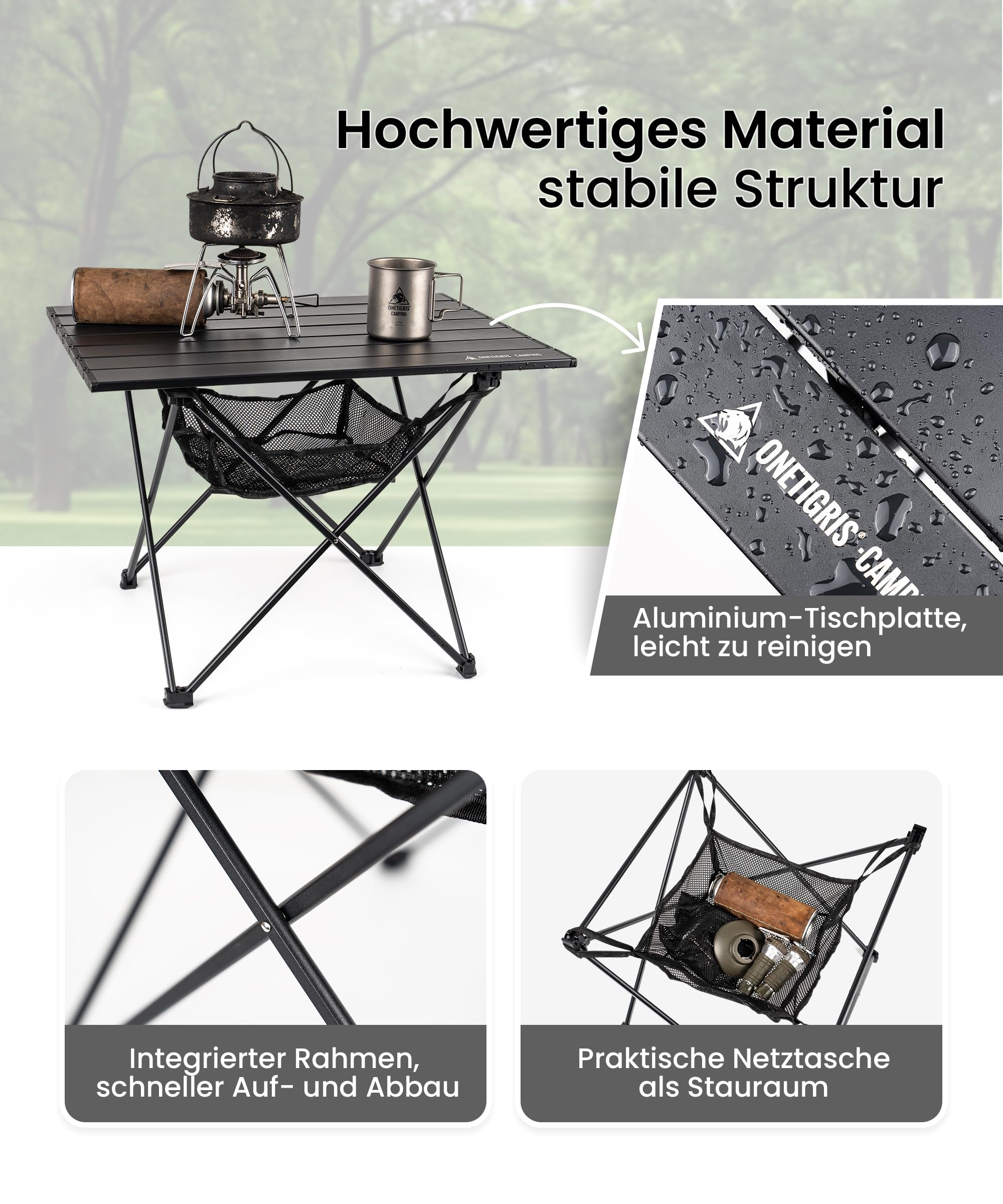 OneTigris SWIFLY Campingtisch Alu faltbar, Klapptisch klein faltbar, Outdoor Tisch Ultraleicht tragbarer, Tisch klappbar, Tragfähigkeit bis zu 30 kg für Outdoor, Wandern (56x40,5x39,5 cm)