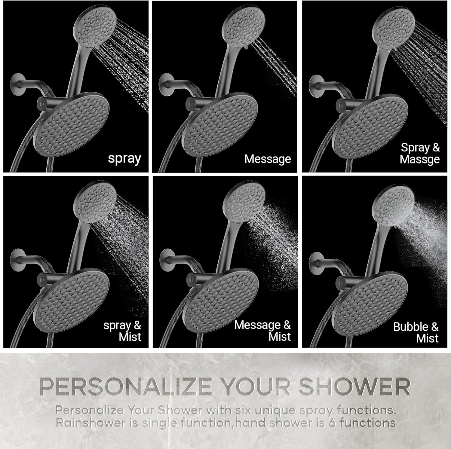 dual shower head with handheld combo,8.6 inch Rainfall showerhead,6 settings hand held shower heads with hose (Matte Black)