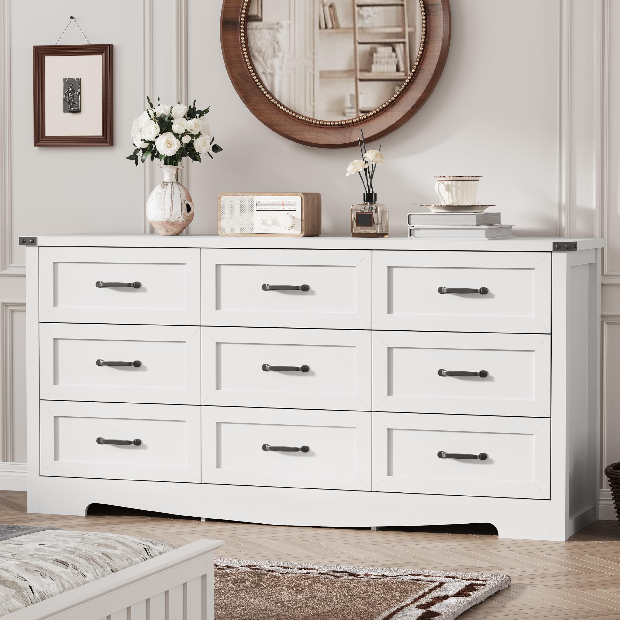 Dresser for Bedroom with 9 Drawers, 63" Wide Wood Chest of Drawers with Deep Drawers &amp; Mental Handle, Modern Dresser TV Stand, Wooden Closet Storage Organizer for Living Room, Hallway, Entryway, White