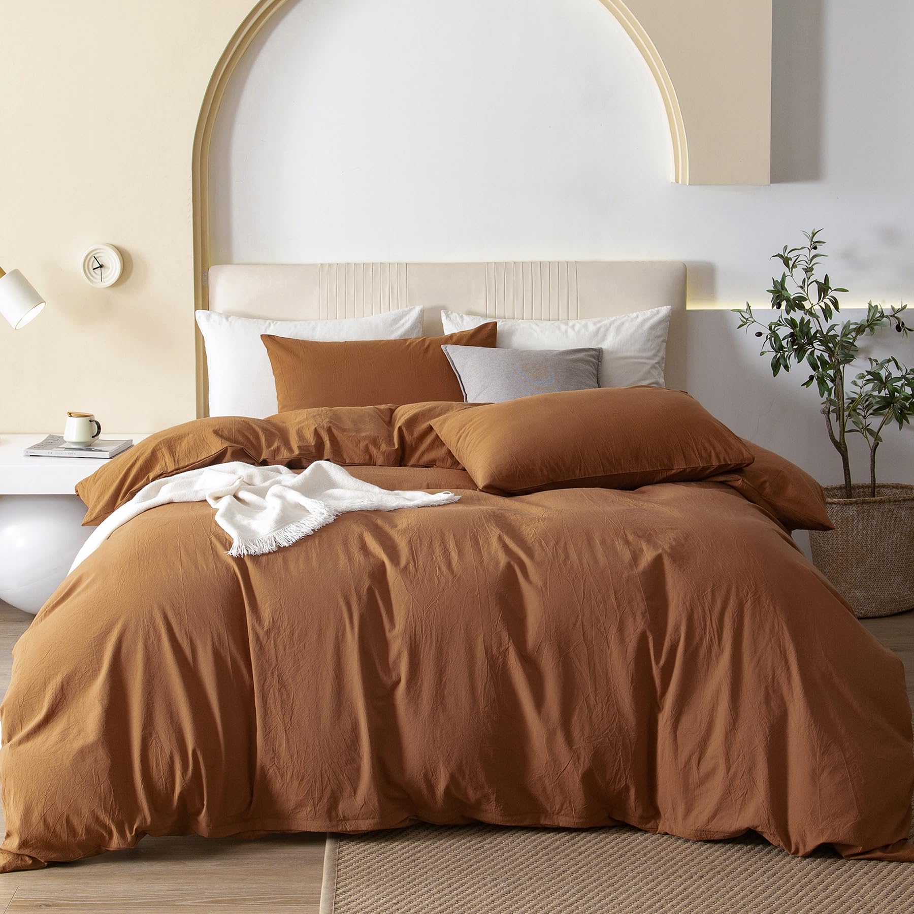 JIYUAN 100% Washed Cotton Duvet Cover Set Comfy Simple Style Soft Breathable Textured Durable Linen Feel Bedding for All Seasons Cal King Size, Burnt Orange