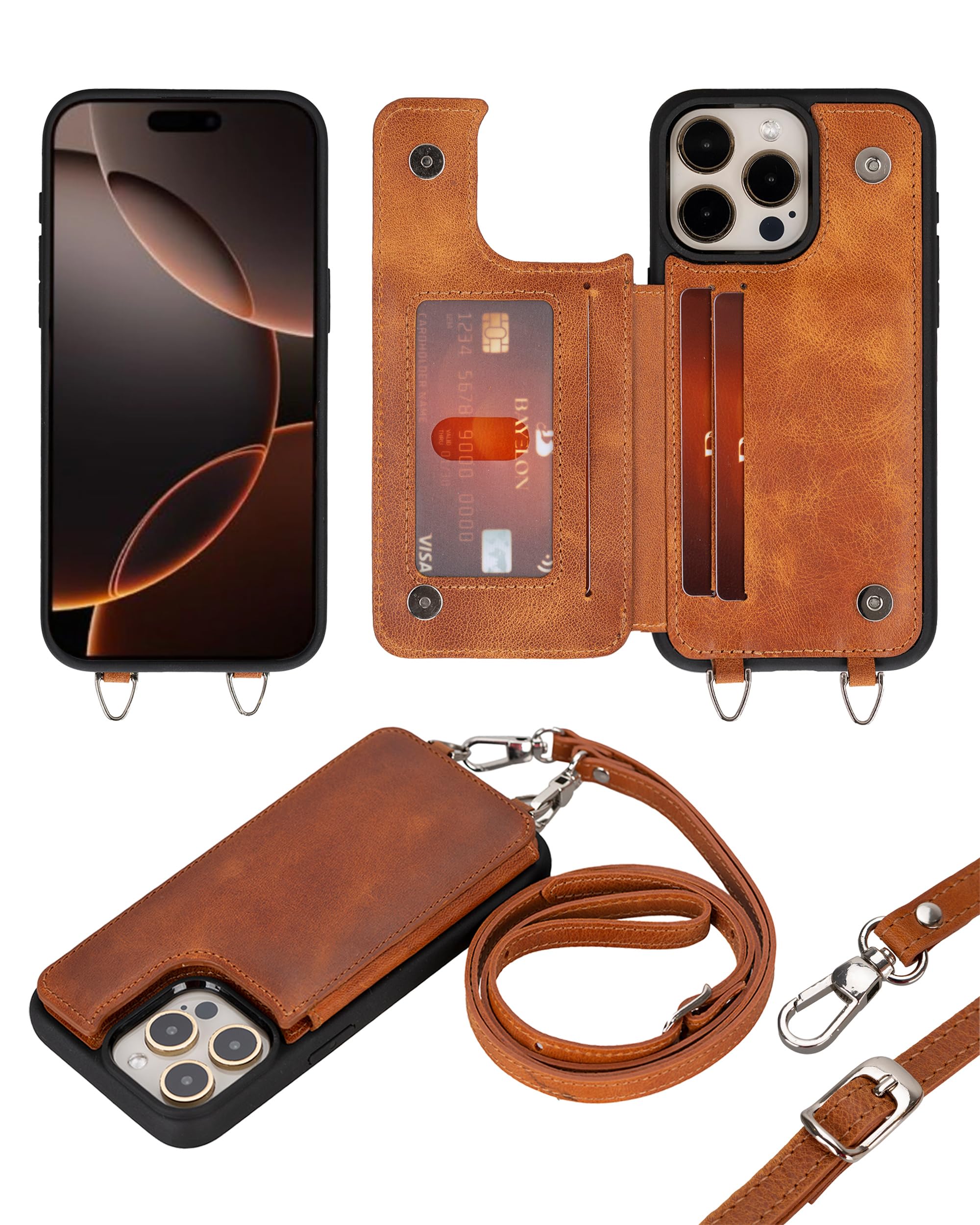 Bayelon Crossbody Case for iPhone 16 Pro Max, Full Grain Leather Crossbody Phone Case with Strap, iPhone 16 Pro Max Leather Wallet Case, Card Holder,