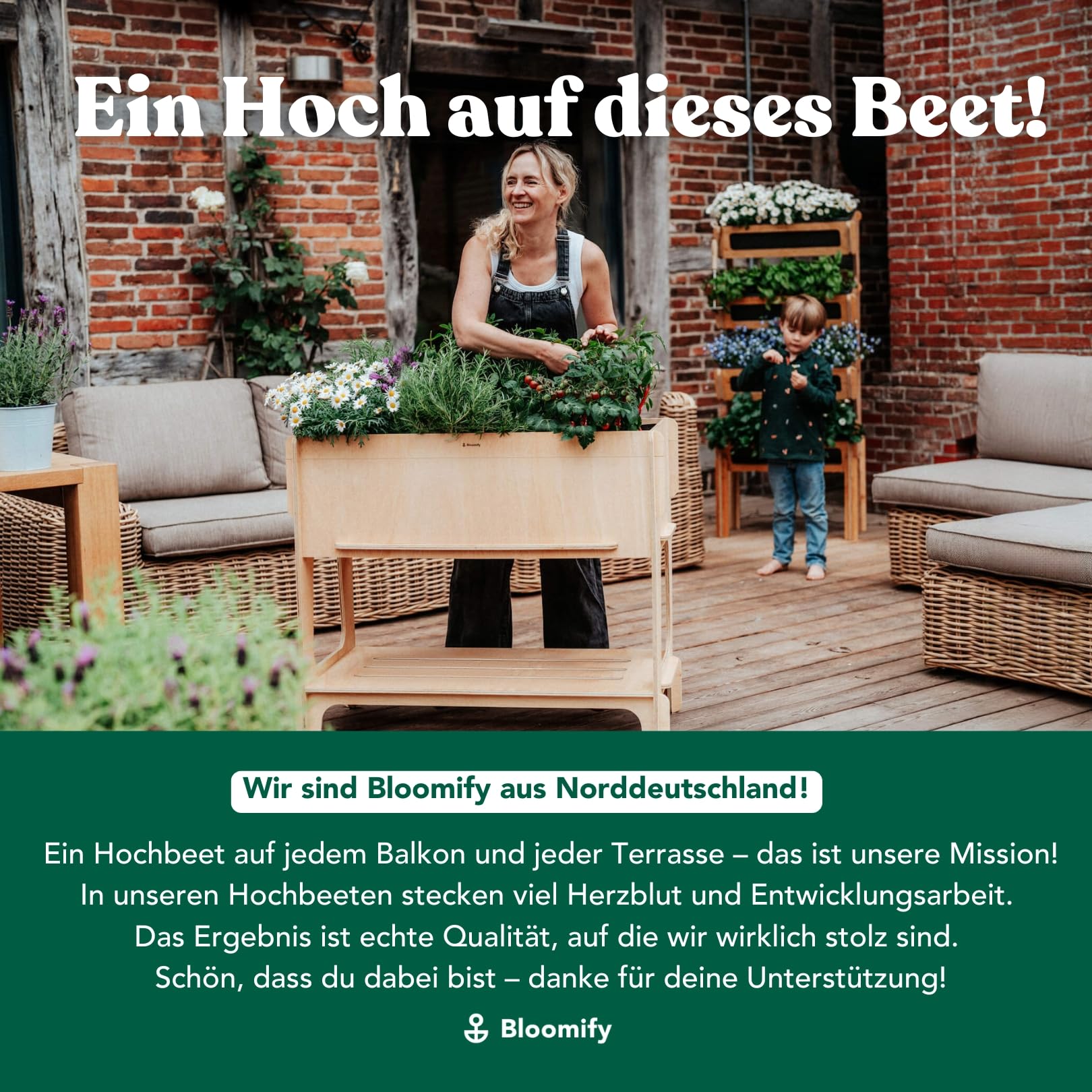 Bloomify® Vertikalbeet mit 4 Etagen aus Birkenholz – Aufbau ohne Schrauben – 4 rausnehmbare Pflanzkästen – 64×33×146 cm – schmales vertikales Hochbeet für Balkon, Terasse & Garten