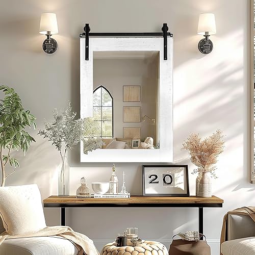 Miniatura 3 de SeekElegant Espejo de pared de granja, 22 x 30 pulgadas, espejos de pared con marco de madera rústica, estilo puerta de granero, espejo decorativo