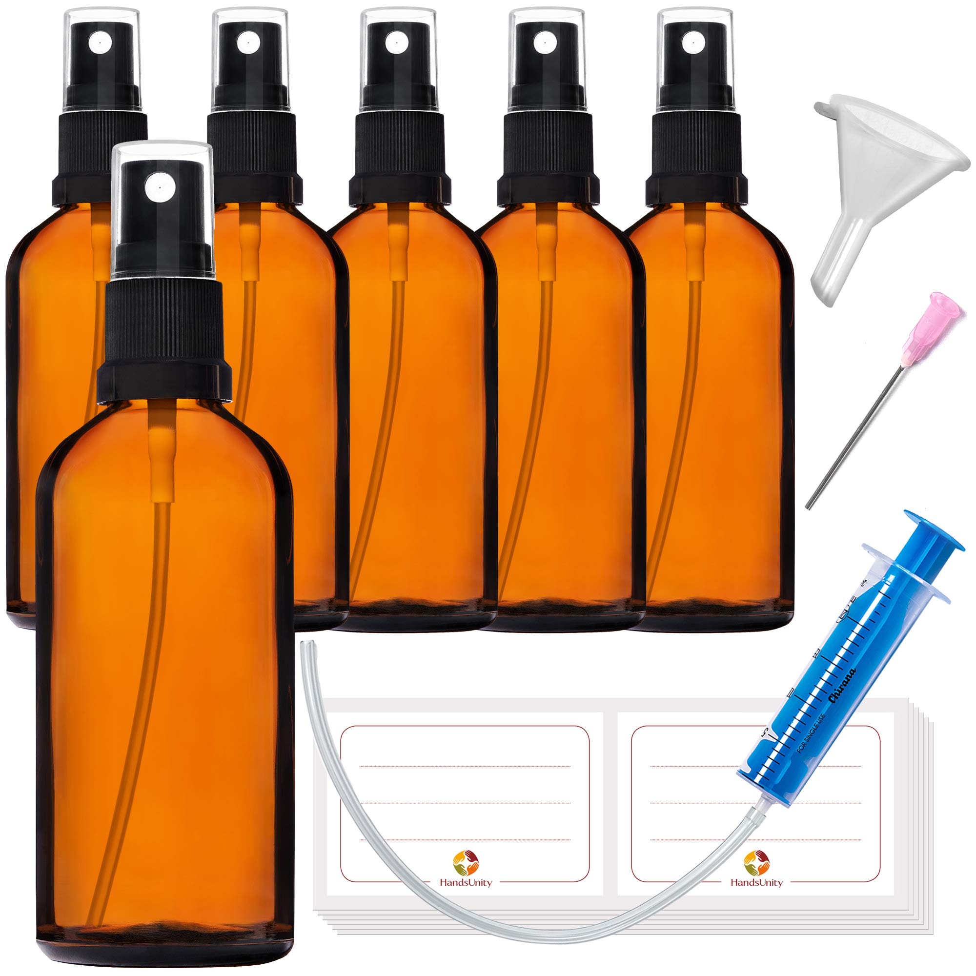 Botella de Vidrio Pulverizador 100ml 6 Piezas Ámbar con Atomizador Negro y 17 Accesorios