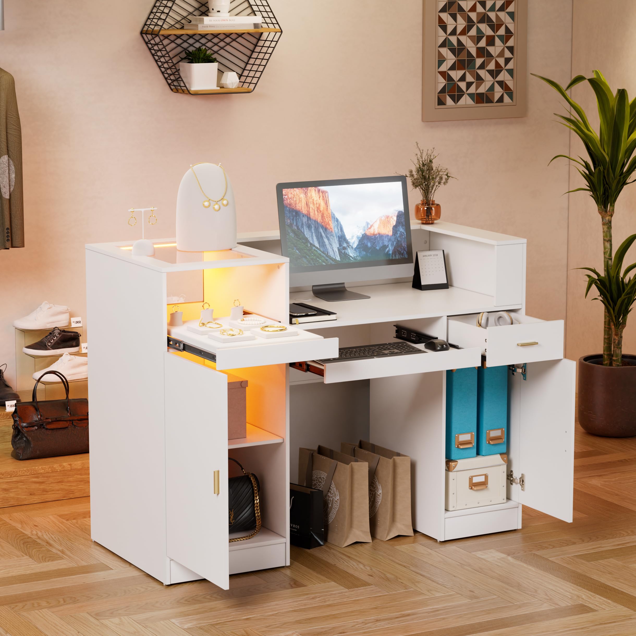 Mostrador de Recepción con LED Grande Escritorio de Recepción Mostrador de Venta con Bandeja para teclado,Cajones y Vitrina de Cristal Mostrador de Tienda para Oficina, Salón, Cafetería 130x60x100CM