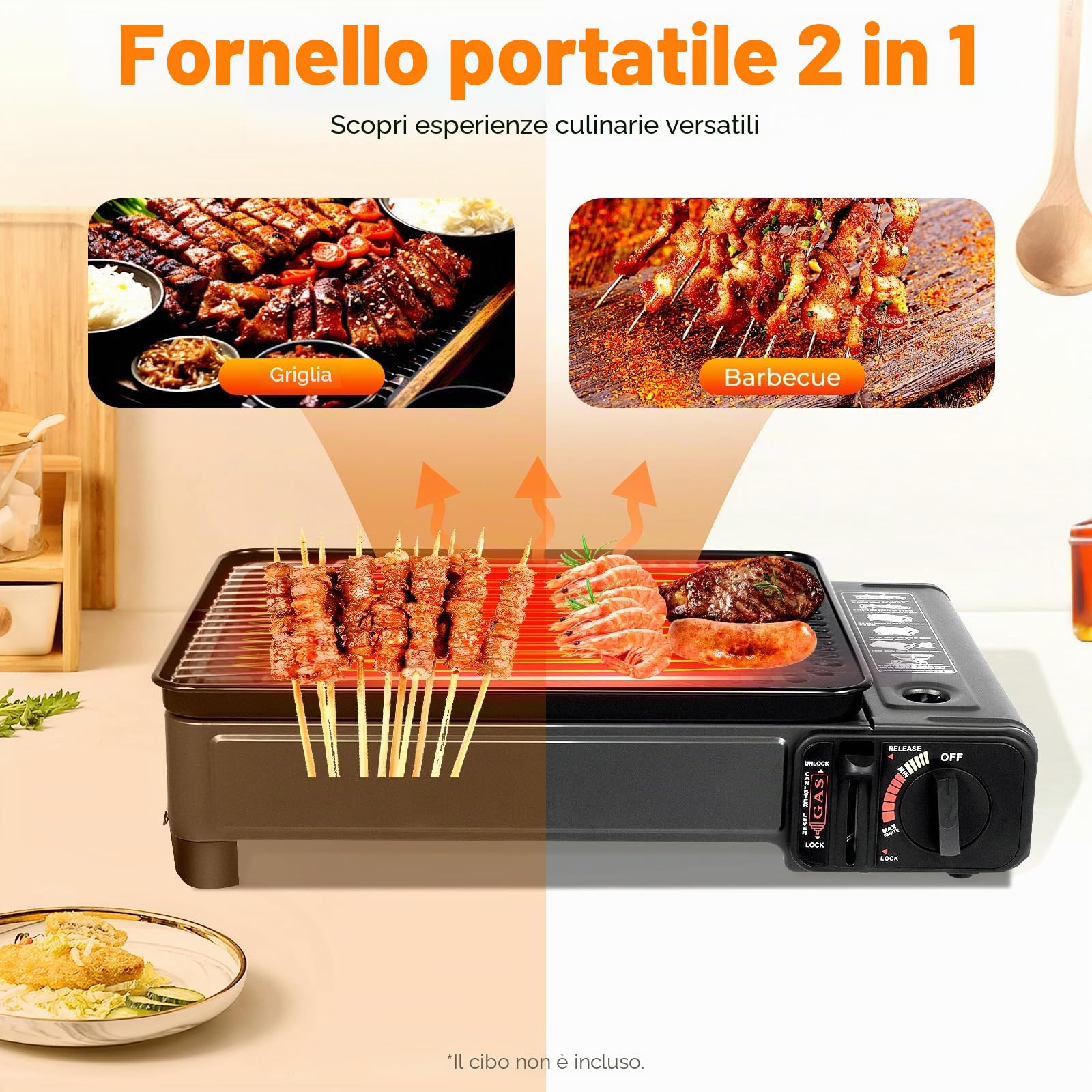 Barbecue a gas da campeggio, barbecue a gas con rete per barbecue, pinza per alimenti e teglia, griglia a gas portatile con valigetta di immagazzinaggio, fornello da campeggio, cucina