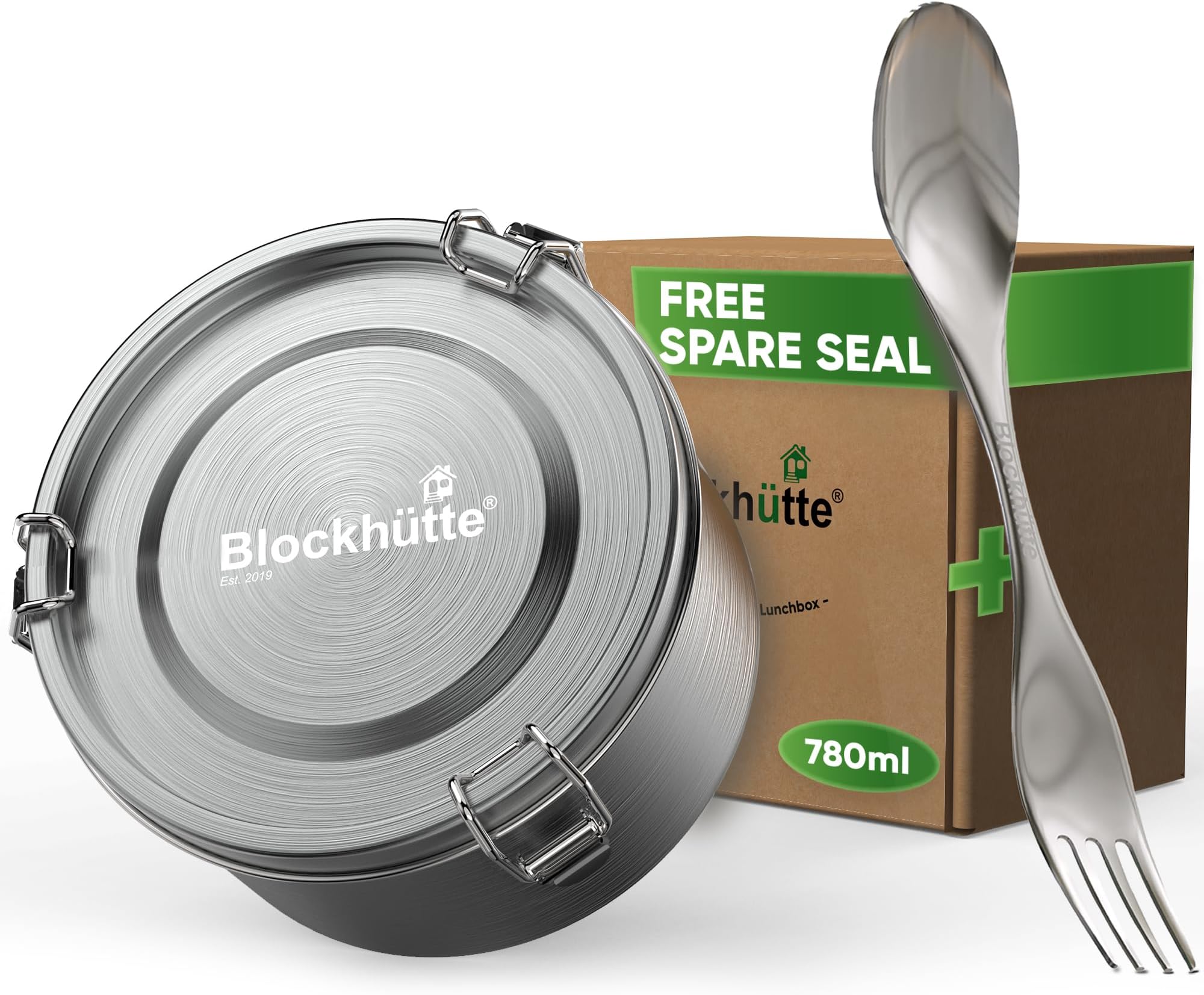 Blockhütte Stainless Steel Food Containers, Round I 780ml with Spork I Tiffin, Stainless Steel Lunch Box Leakproof – Bento Metal Lunch Box for Adults and Kids, Food Storage Containers