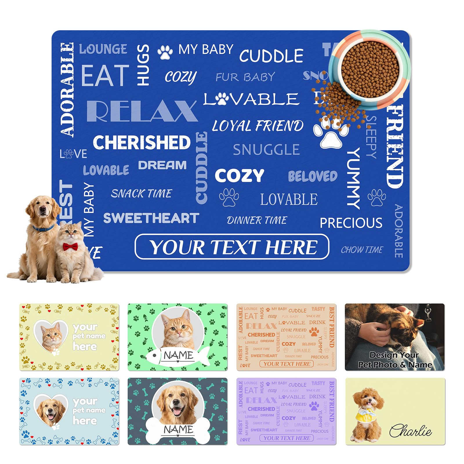 Personalised Pet Feeding Mat with Photo Text Customised Cat Mats for Food Bowls Custom Dog Bowl Mats Non Slip Rubber Backing Personalised Absorbent Dog Placemat Gifts for Pet Lovers Wipe Clean PU