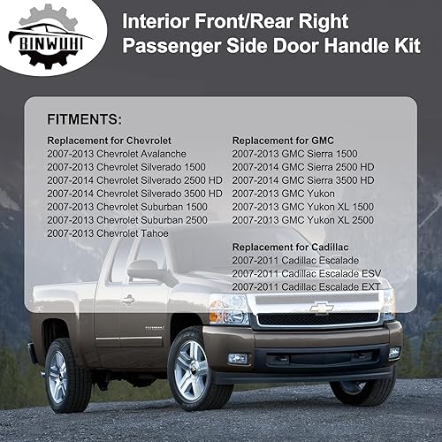 Miniatura 5 de Kit de manija de puerta interior para pasajero delantero y trasero derecho compatible con Chevy Silverado Tahoe Suburban Avalanche 2007-2014, GMC