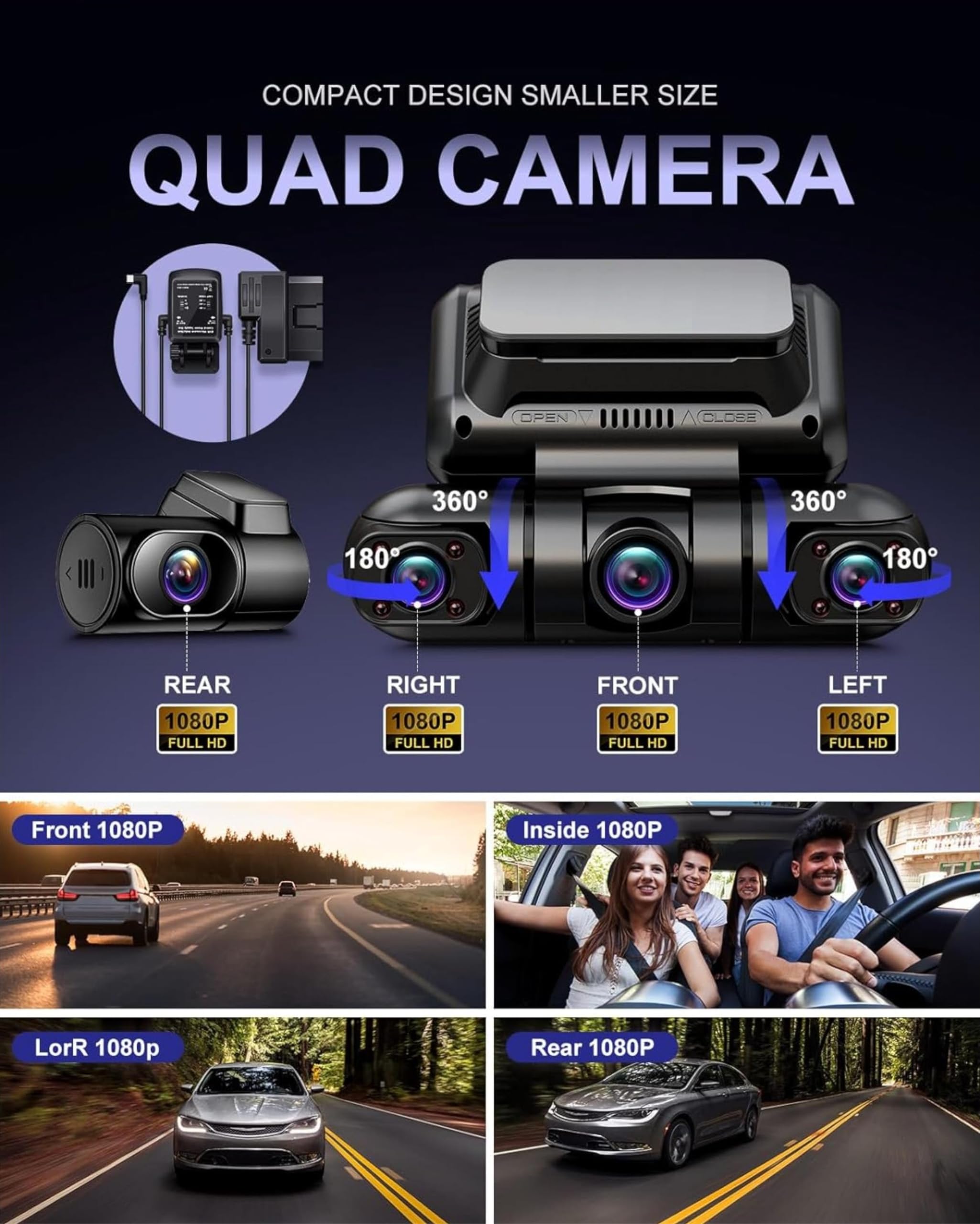 Rhorawill 4 Canali Dash Cam,Rotazione a 360° Anteriore Posteriore All'interno Sinistra Destra Dashcam Auto,Radar Rilevamento & Movimento Modalità Parcheggio,5G WiFi GPS,3" Libero 128GB,Hardwire Kit