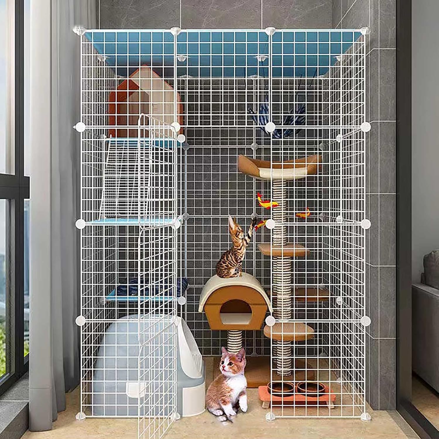 Large Cat Cage Cat Enclosures Indoor Cat Playpen Detachable Metal DIY Cat Kennels Ferret Crate Pet Large Exercise Place,with Ramp Ladders Hammock and Bed - Ideal for 1-4,75x75x109cm