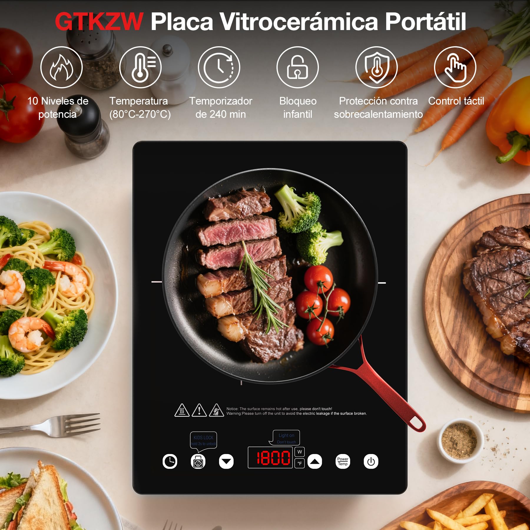 Placa Vitrocerámica 1 Fuego 2000W: Hornillo Eléctrico Portátil con 10 Niveles de Potencia y Temperatura, Temporizador, Compatible con Todas las Ollas, ideal para camping, cocina y oficina