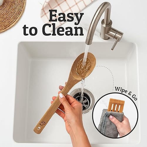 Miniatura 5 de PriorityChef - Cucharas de madera para cocinar, 6 piezas con soporte para utensilios, utensilios de cocina de bambú que no rayan, juego de