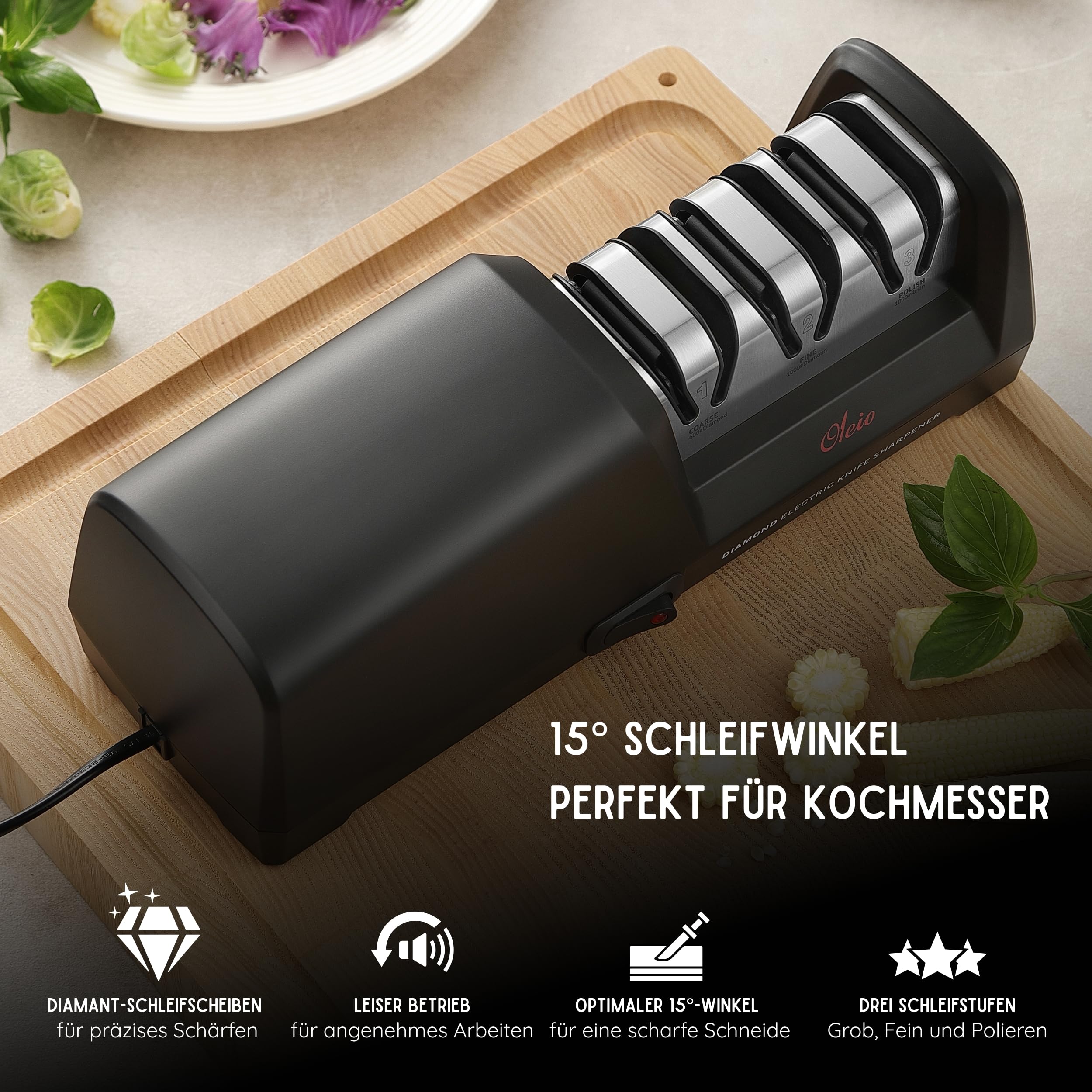 Oleio Messerschärfer elektrisch 3-Stufen Diamant 15° Winkel 70 dB Messerschleifer