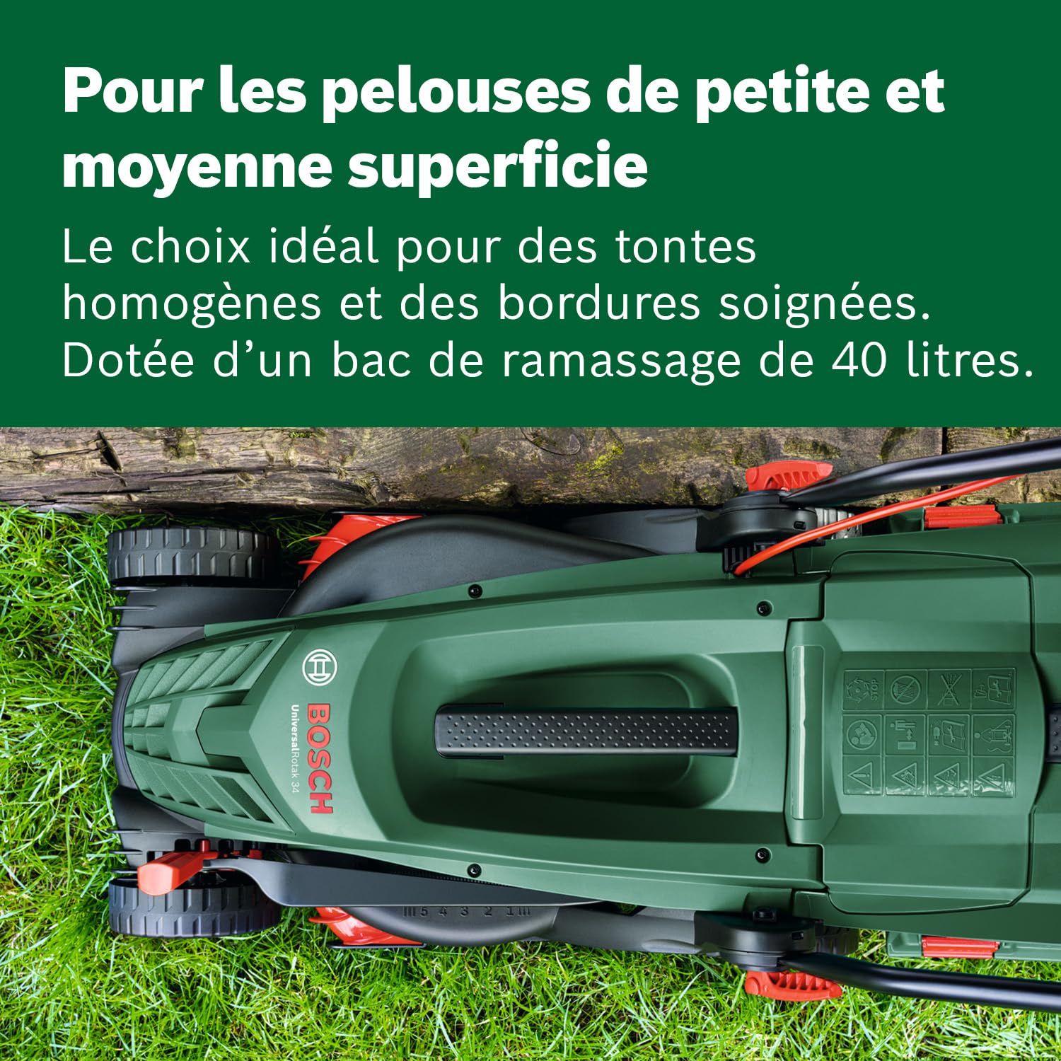 Bosch Tondeuse à Gazon Filaire UniversalRotak 34-405 (Moteur de 1 300 W, Largeur de Coupe : 34 cm, bac de ramassage 40 litres, pour la Tonte Uniforme de pelouses en Laissant des Bordures Propres)