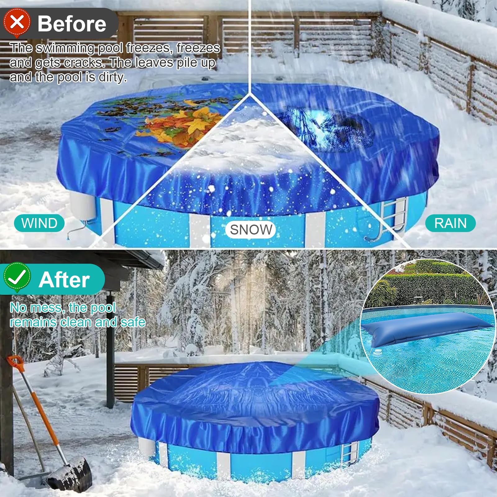 4M Poolkissen Rechteckig Set Luftkissen zur Poolabdeckung, Pool Abdeckung Schutz für Runde und Eckig 3.2-7.5x 5.5-8.6m, Pool Überdachung Abdeckung Winter mit Doppelnaht Sicherheitsventil&10m Seil