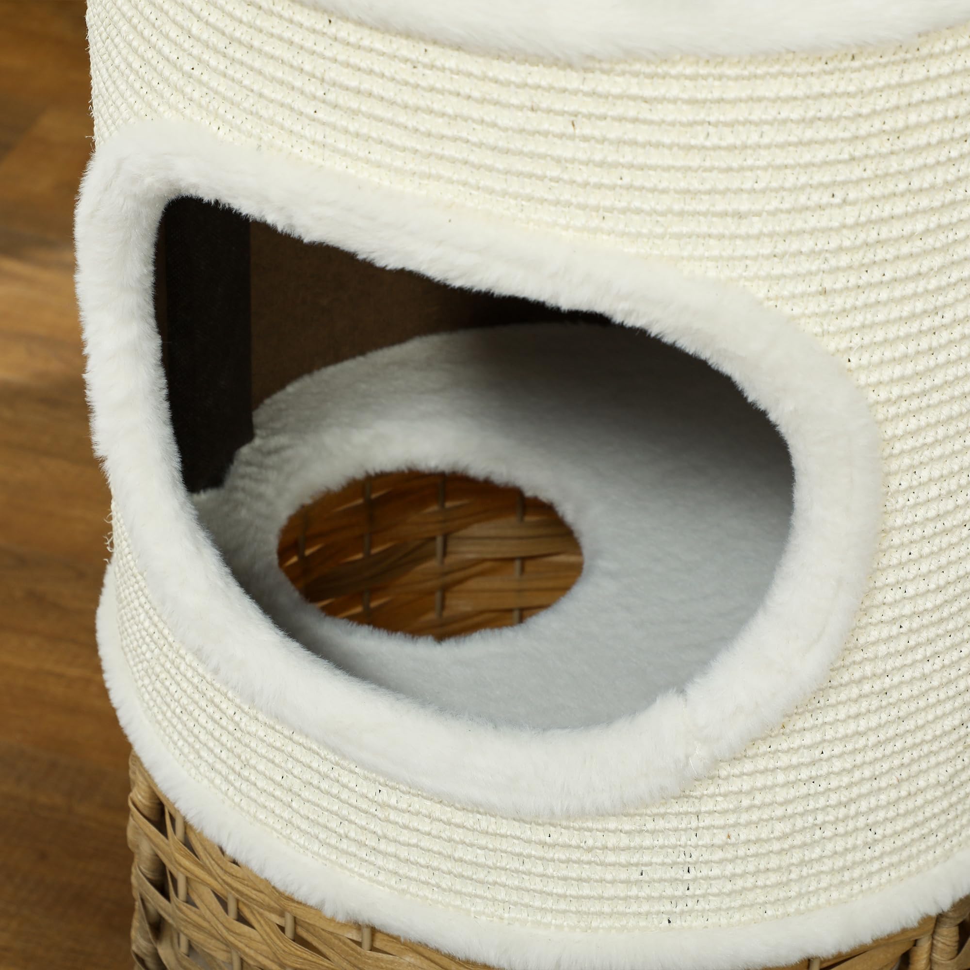 PawHut Tiragraffi 80 cm di altezza, Ø 40 cm, a tre piani con bordo in peluche, grotta per gatti, albero tiragraffi per gatti di medie dimensioni, bianco crema e marrone