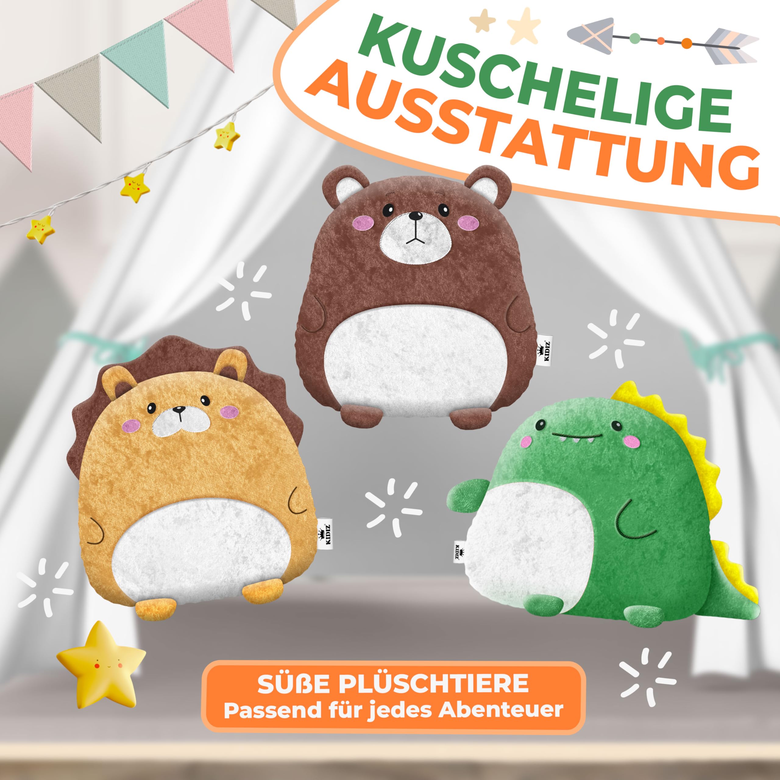 KIDIZ Tente de jeu pour enfant - 100 x 100 x 160 cm - En coton - Avec guirlande lumineuse LED, étoiles lumineuses, guirlande de drapeaux, 3 animaux en peluche, tapis et sac de transport - Pour