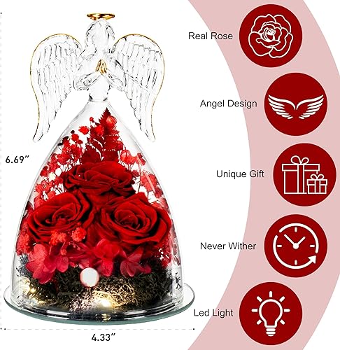 Miniatura 4 de Regalos para ella, figura de ángel de cristal con tres rosas, regalos de rosas reales preservadas para siempre, para mujeres, ángel guardián con
