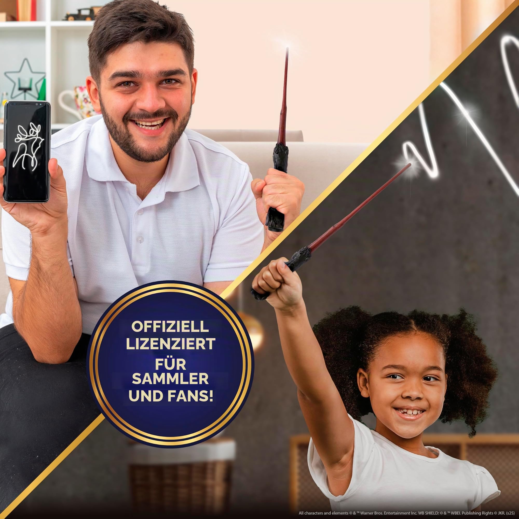 Harry Potter Zauberstab Harry Potter mit LED-Lichtspitze, 1:1 Filmreplik Handbemalt aus Harz, mit Geschenkbox & App für Lichtmalerei, batteriebetrieben