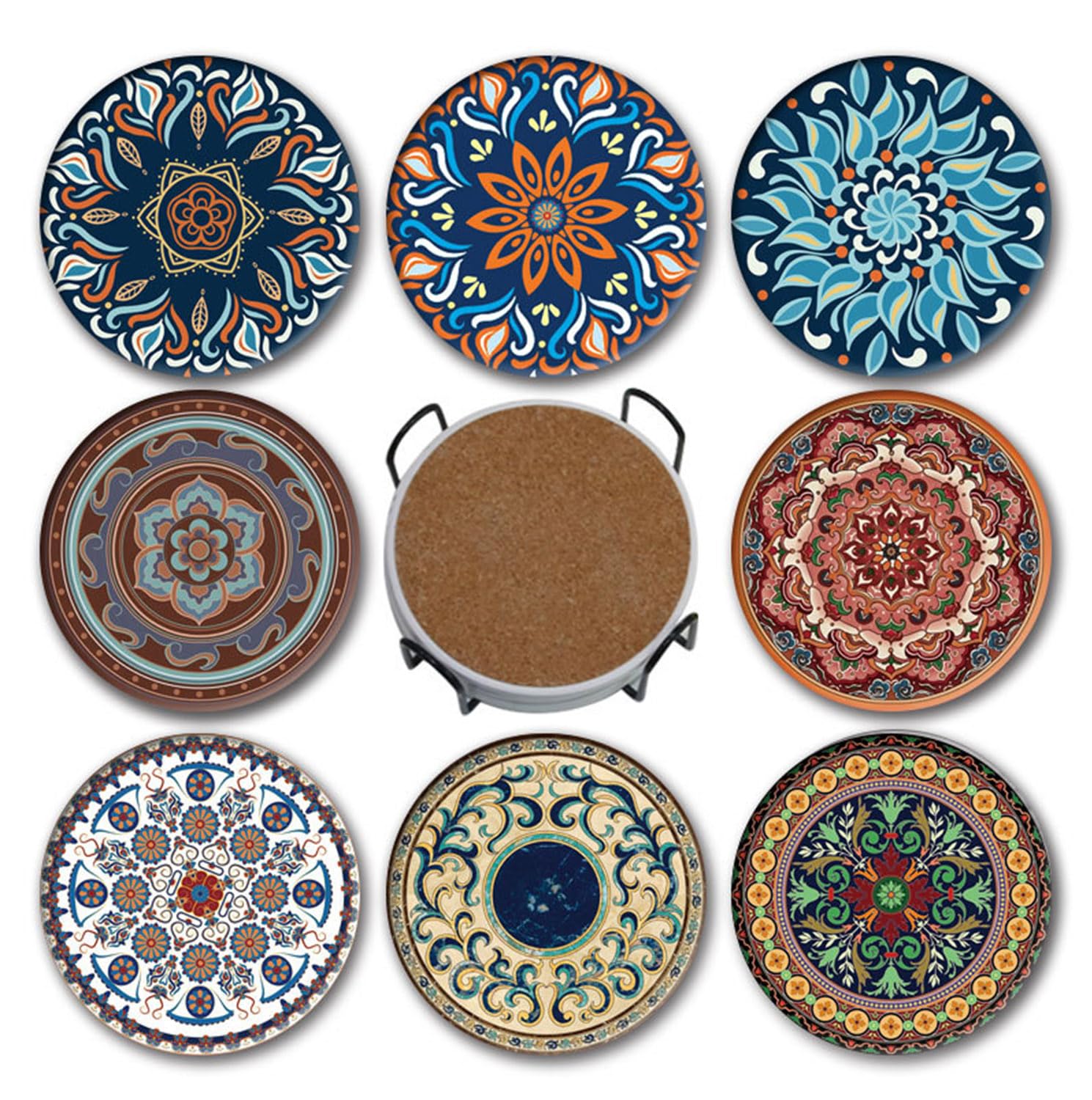 IS MUHE 8PCS Coasters for Drinks，Datura Flower Absorbent Stone Coaster， Drink Coasters with Holders， Absorbent Coaster Set，Gift for Housewarming Birthday and Family，Great Home and Dining Room Decor