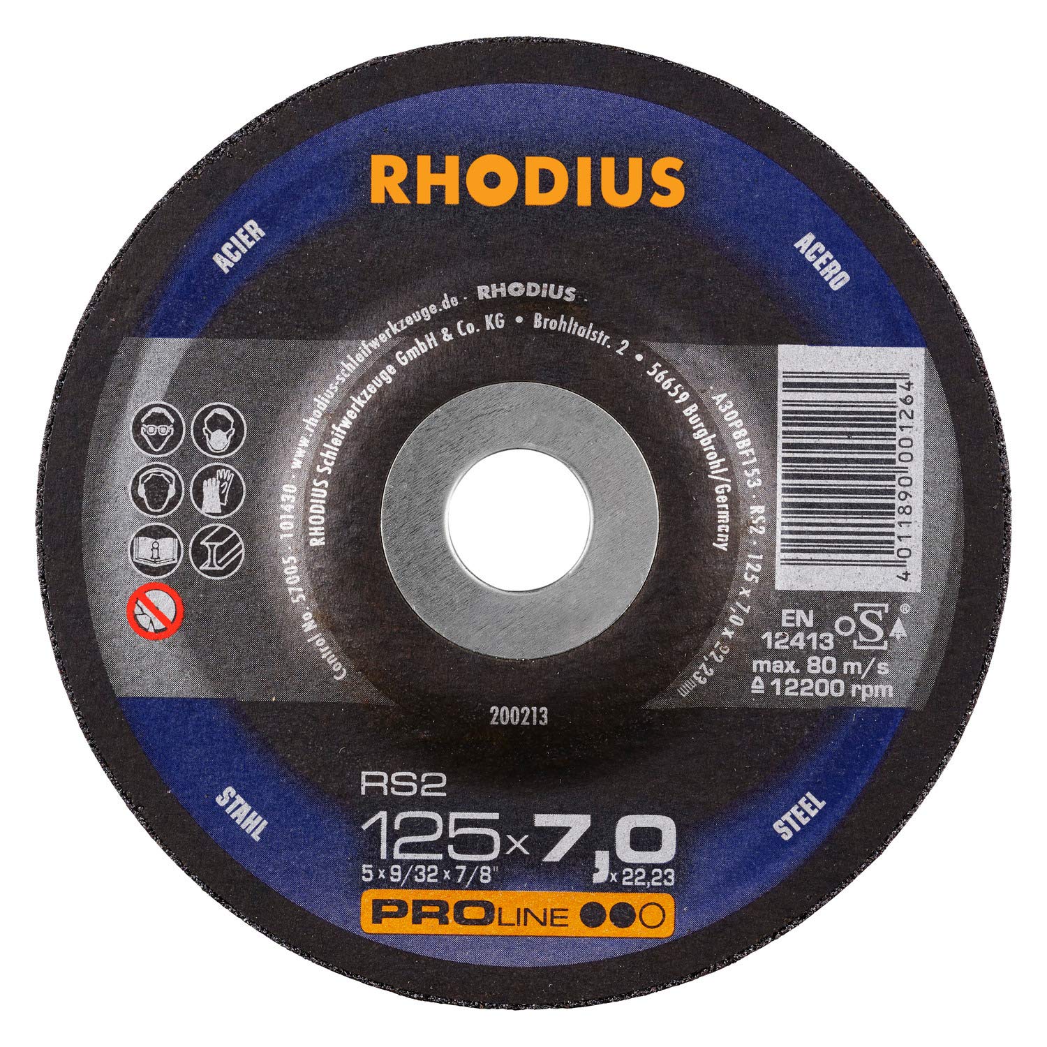 Rhodius Schruppscheibe RS2 Abmessung Ø125 x 7.0 x 22.23 mm, gekröpft, Verpackungseinheit 25 Stück