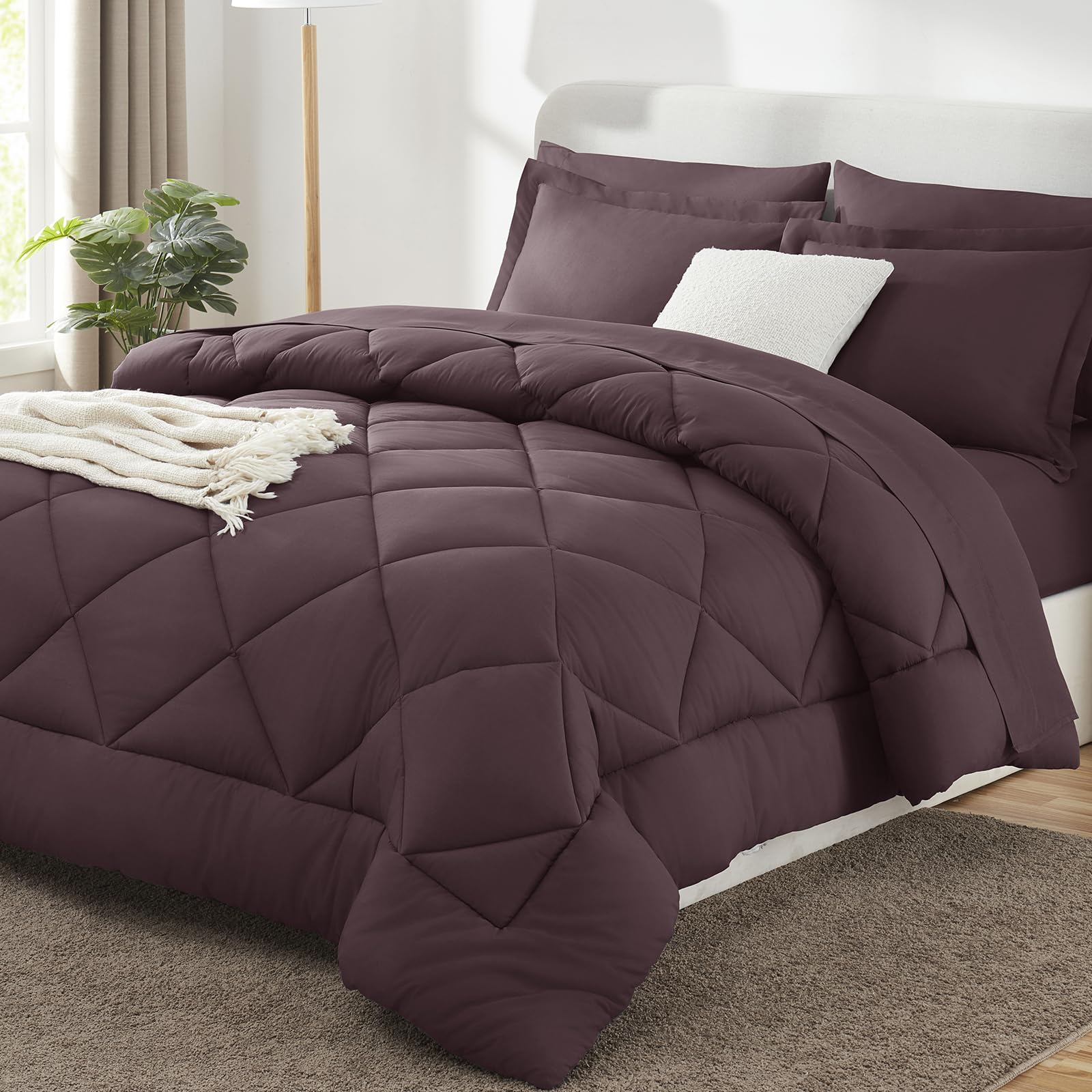 King Size Comforter Set Cocoa Powder - 7 Pieces Bed in a Bag | OEKO-TEX Certified, All Season, 240GSM Down-Alternative Comforter, Sheets, Pillowcases & Shams, 14" Deep Pocket, Easy Care Cocoa Powder King