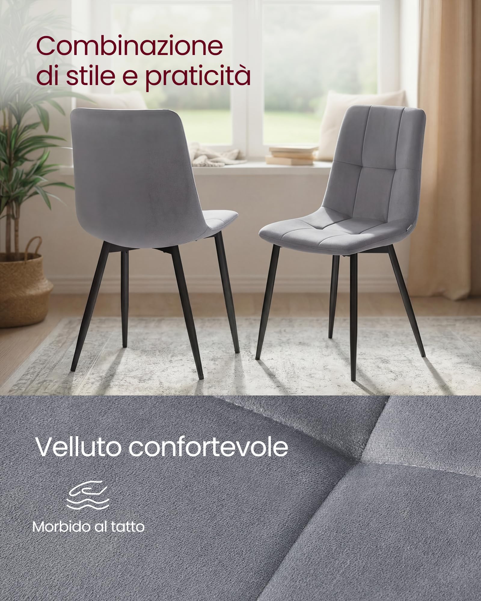 VASAGLE Sedie da Pranzo in Velluto, Portata 120 kg Ciascuna, Sedie da Cucina Imbottite con Piedini Regolabili, Moderno, per Soggiorno, Set di 4, Grigio Ardesia KDC080GN01