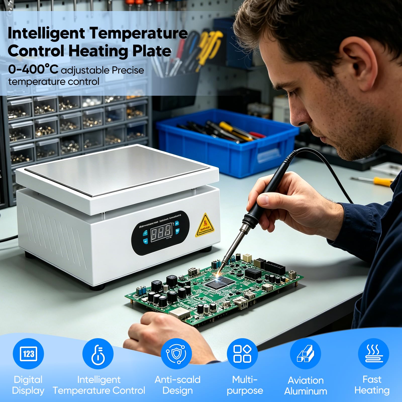 Estación de precalentamiento y placa calefactora PCB 700 W, 200 x 200 mm | Estación de calefacción PCB de 0-400 °C con LCD y aluminio para reparar móviles, tabletas y soldar placas SMD