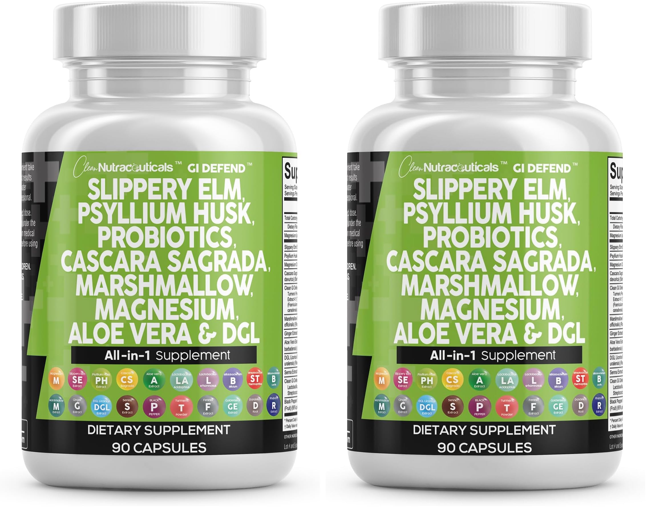 Clean Nutraceuticals Slippery Elm Psyllium Husk Pre Probiotic Digestive Gut Health Supplement with Aloe Vera Cascara Sagrada Marshmallow Root DGL Licorice Senna Extract (Pack of 2) 90 Count (Pack of 2)