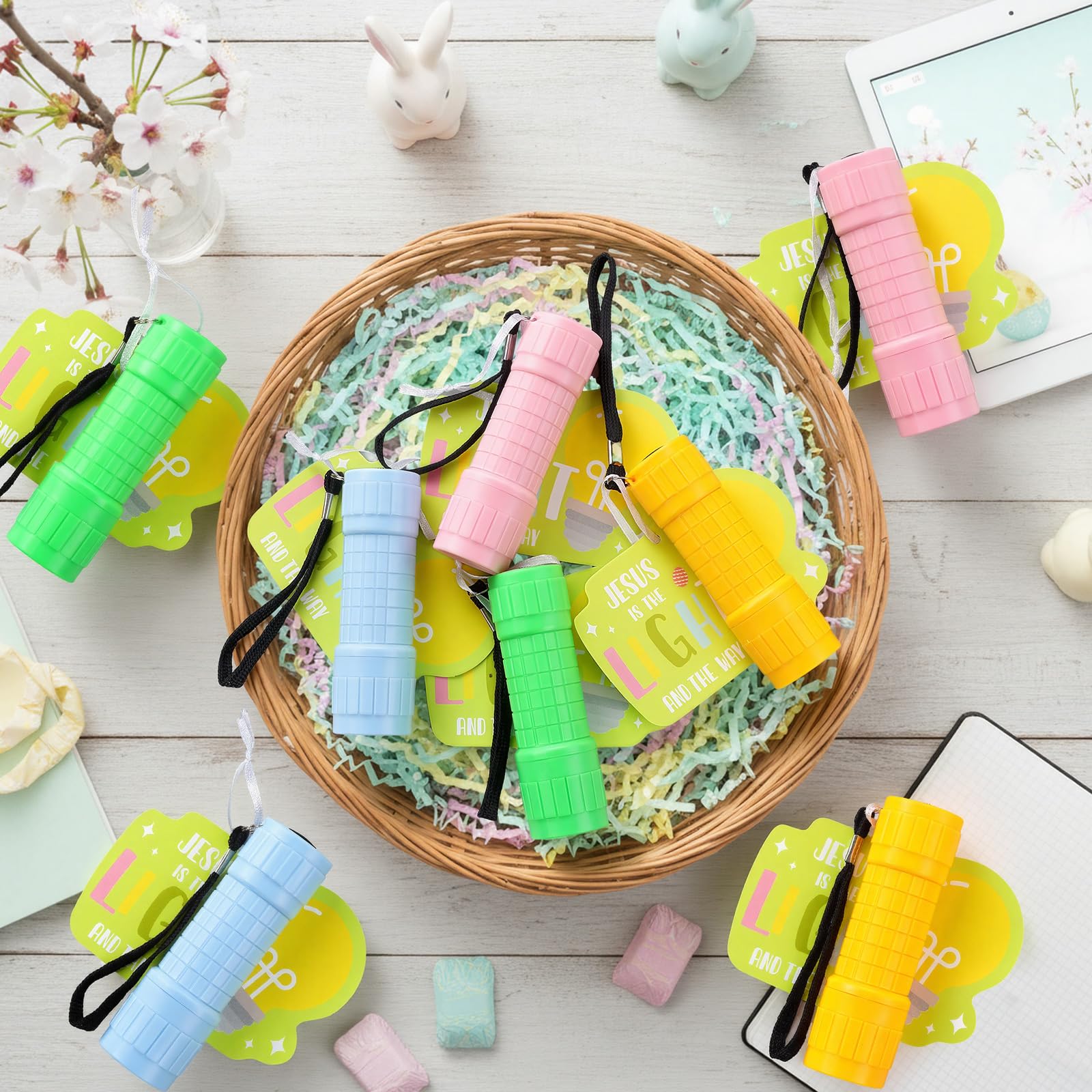 Glooglitter Set di 20 biglietti religiosi cristiani e 20 mini torce colorate per riempire cestini pasquali VBS vacanze, bibbia, scuola, eventi, riunioni in chiesa