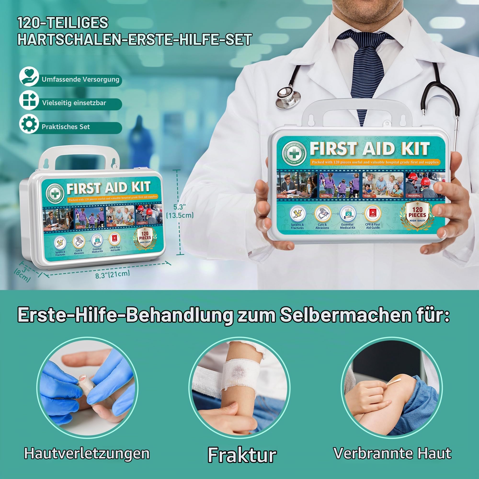 General Medi Erste Hilfe Set - 120-teiliges Premium Erste-Hilfe-Set für Haus, Auto, Reise, Büro, Sport, Wandern, Camping, Rettung