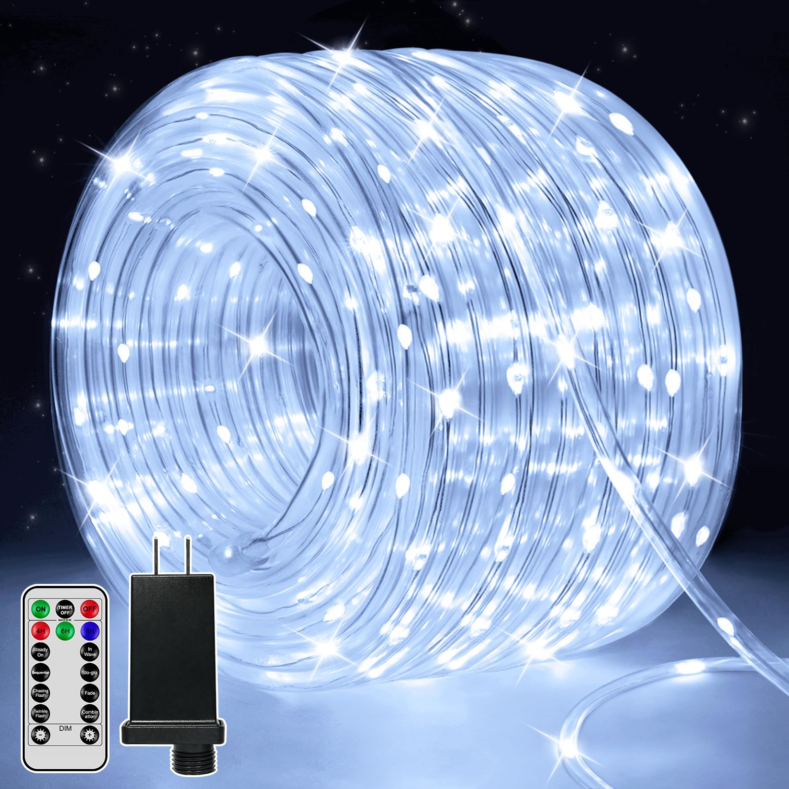 100FT 600LED Rope Lights Outdoor, IP68 Waterproof String Lights with Plug & Remote