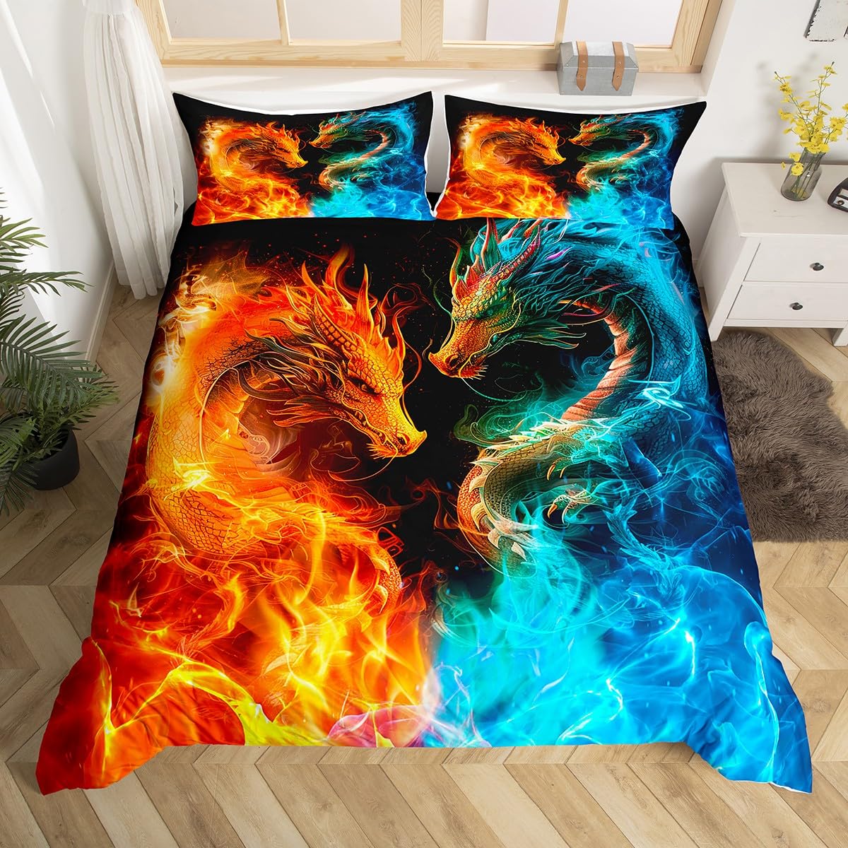 Loussiesd Dragon Bedding Duvet Cover Set Fire and Ice Dragon Couple Bedding Set Super King Size for Kids Boys Girls Decor Wild Animal Comforter Cover Set Safari Theme Bedspread Cover — image 1
