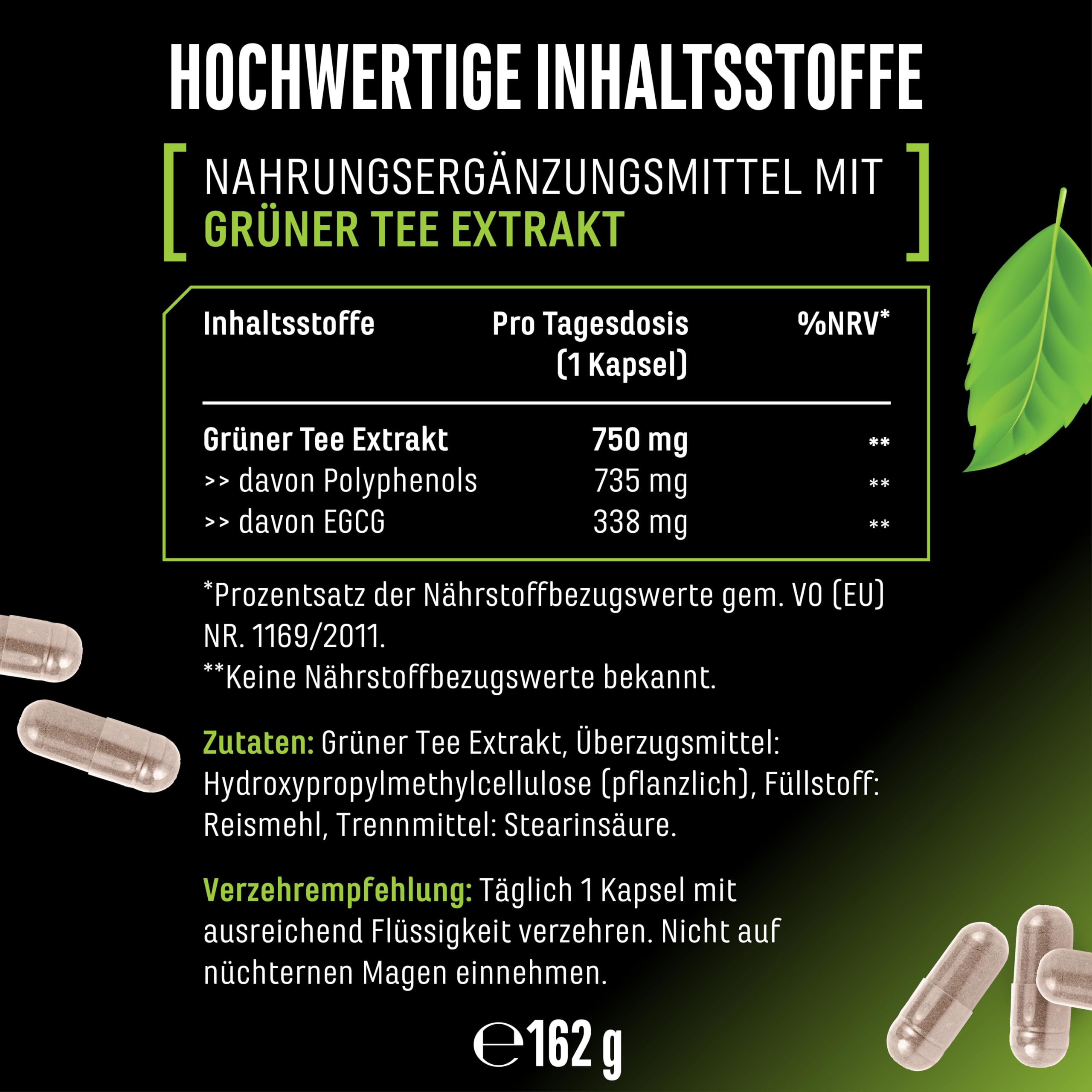 Green Tea Extract - 180 Kapseln - Extra hochdosiert mit 750 mg Grüntee-Extrakt pro Kapsel - 95% Polyphenole & 45% EGCG - Ohne unnötige Zusätze - Vegan