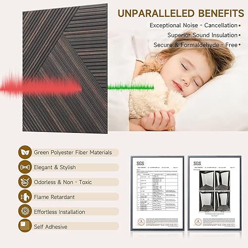 Miniatura 3 de Paneles acústicos para pared y techo, paquete de 6 paneles de pared decorativos autoadhesivos de impresión UV 3D con aspecto de madera, nogal rústico