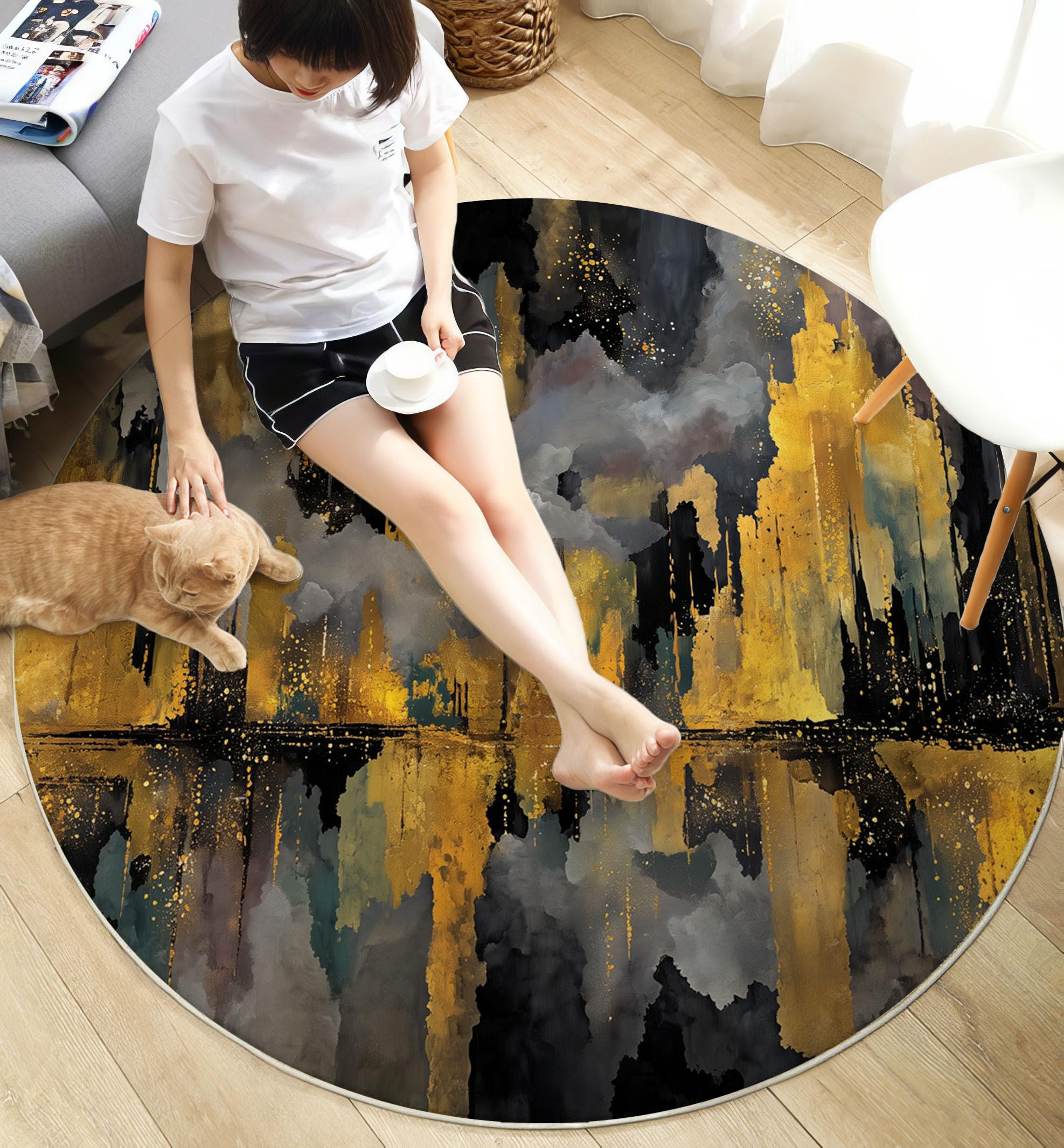 Tapis Rond De Ville en Feuille d'or Tapis Peinture À l'huile Abstraite Fin, Moquette Or Noir Doux Antidérapant Lavable pour Chambre À Coucher Entrée Salle À Manger Dortoir Familial, 100 Cm