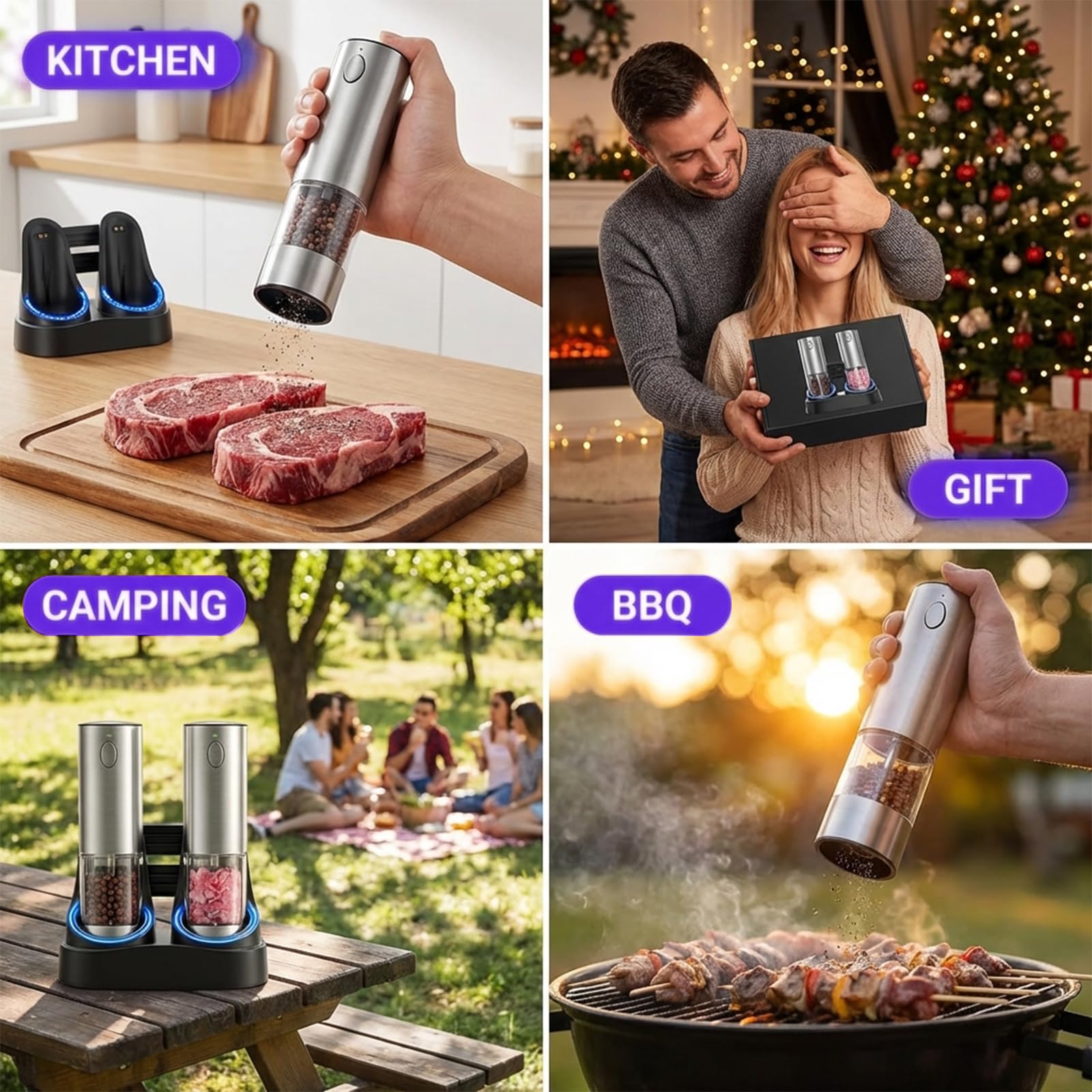 Macinasale e Pepe Elettrico Set – Macinino in Ceramica, Macinatura Regolabile, Luce LED, Ricaricabile USB-C, 2-in-1 Macina Spezie per Cucina & Tavola