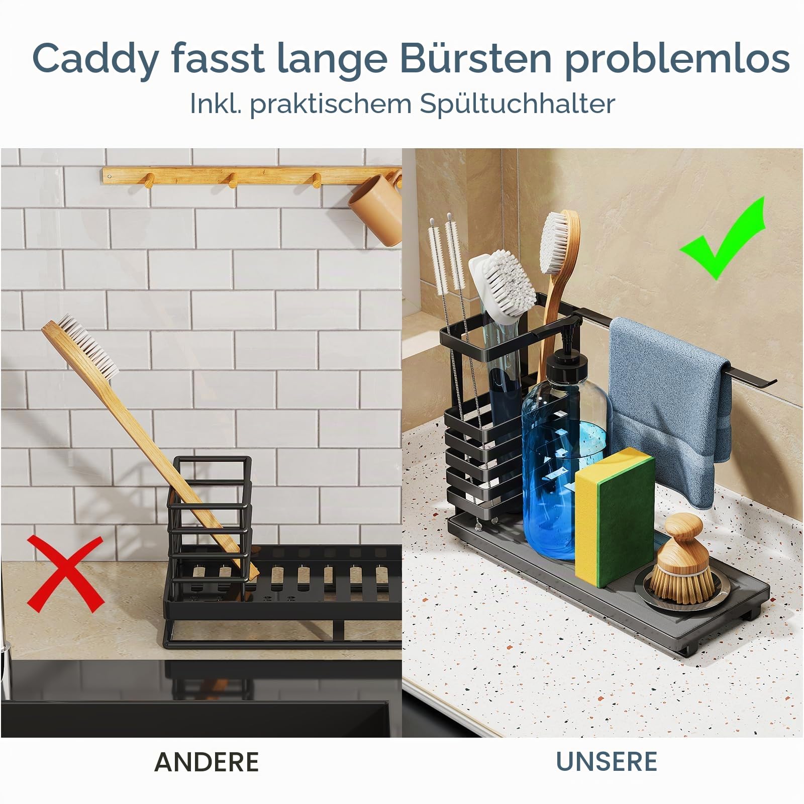 NiHome Spülbecken Organizer, Multifunktionaler Spülorganizer Edelstahl, mit Schnell Trocknendem Diatomit-Boden, Aufbewahrung für Spülmittel, Schwämme und Kleine Küchenutensilien,Spüllappenhalter