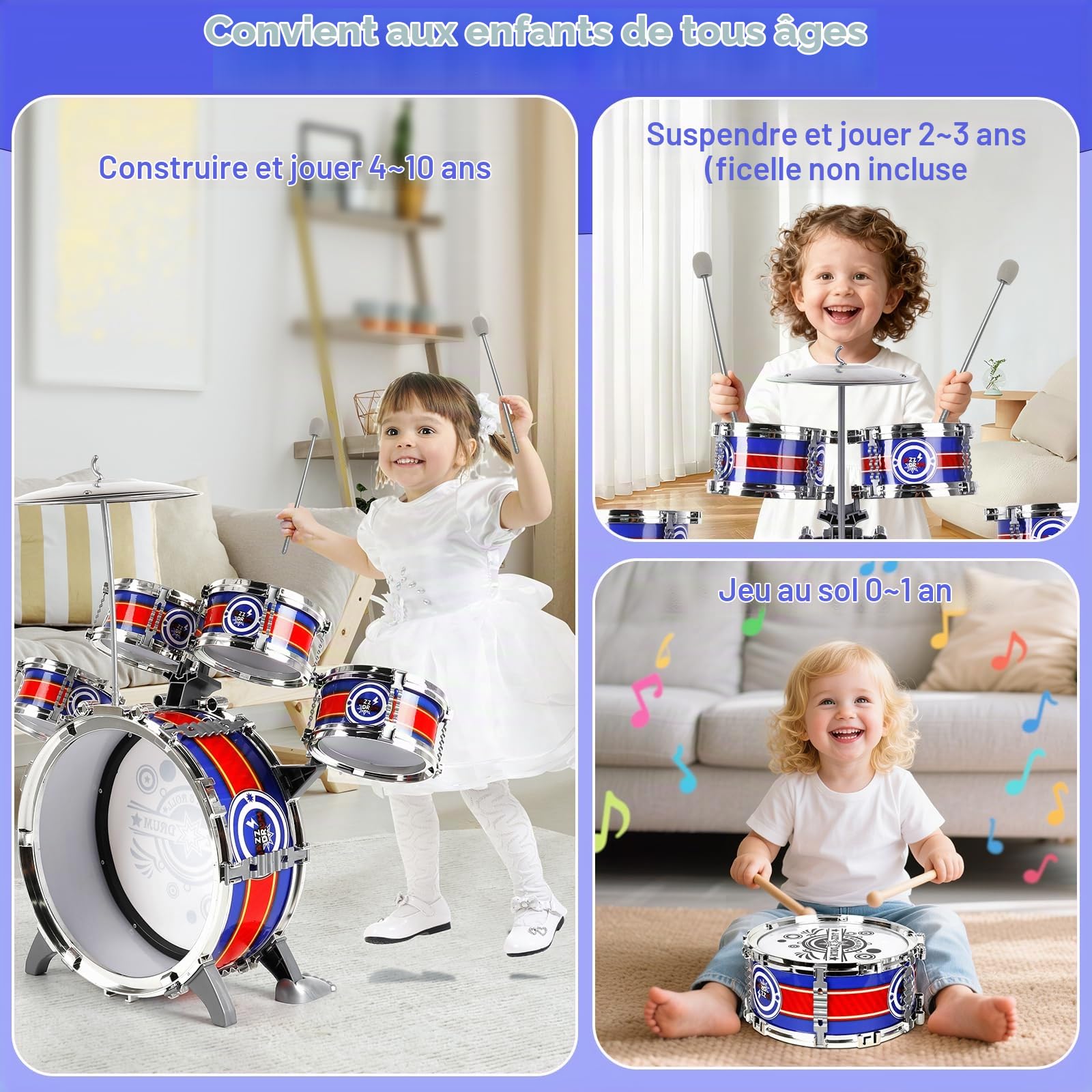 Kit de Batterie pour Enfants,Instrument de Musique avec Tabouret