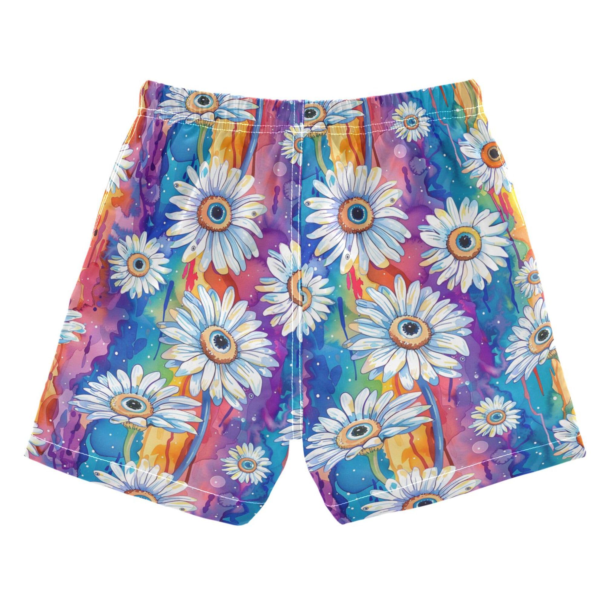 Wudan Daisies Evil Eyes Ball on Rainbow Boys Swim Shorts Pockets Boys Toddler Bathing Swim Shorts Kids Swimwears Birthday Presents XS 6Y