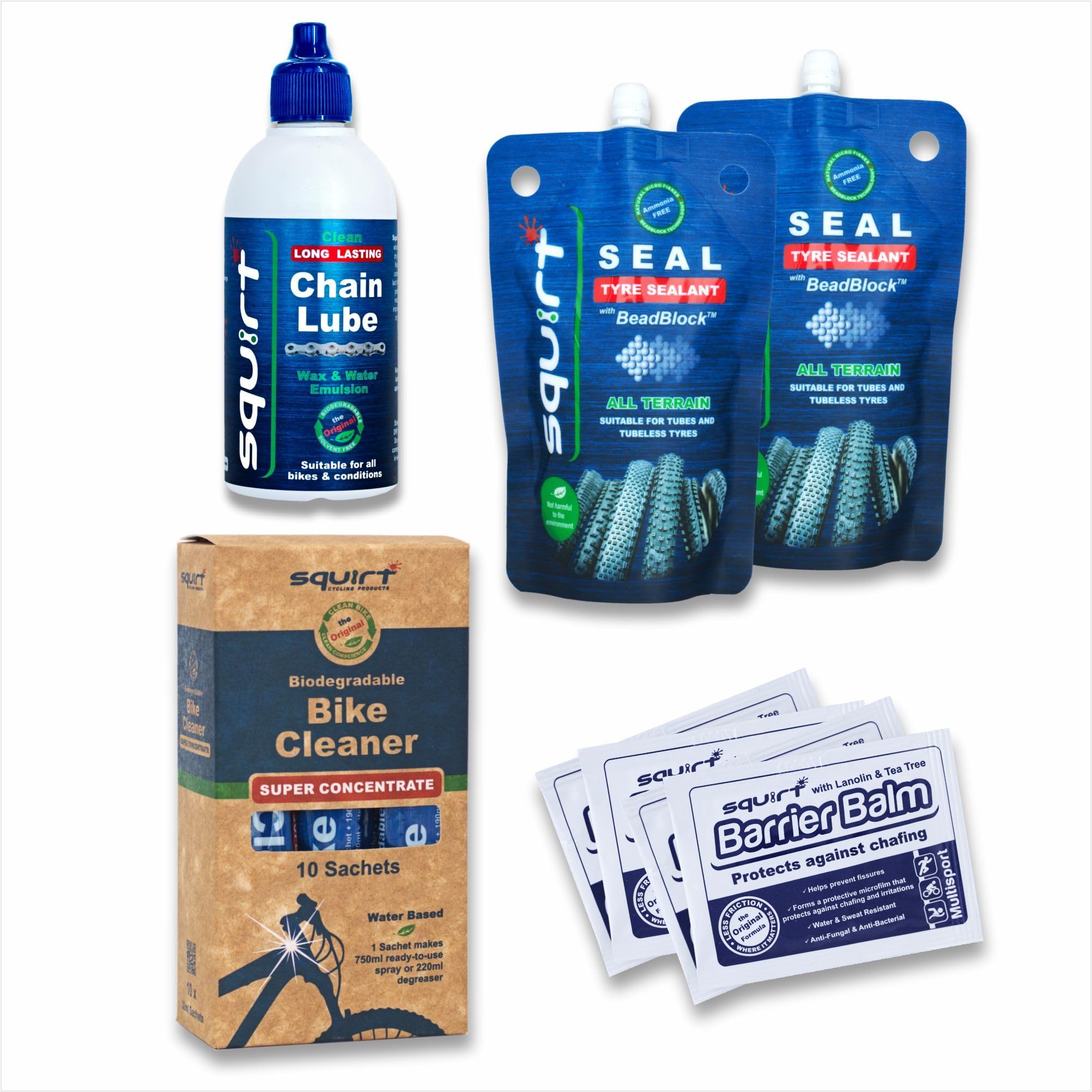 Squirt Bike Care Essentials Kit - Includes Bike Chain Lube, Bicycle Cleaner/Degreaser, Tire Sealant, & Anti-Chafe Balm - Bicycle Care Gift Kit for Road, MTB, & Gravel