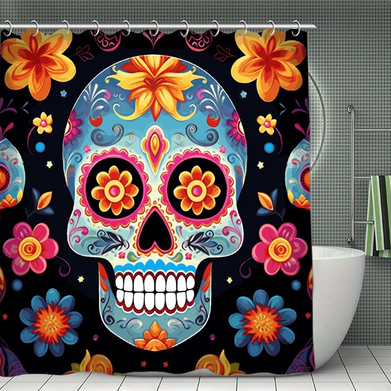 FekiLoot Sugar Skulls Shower Curtain Minimalist Thick Bathroom Curtain Washable Modern Bathroom Shower Curtain Heavy Duty Waterproof Cloth Bath Curtain with Hooks 70.8"x70.8"