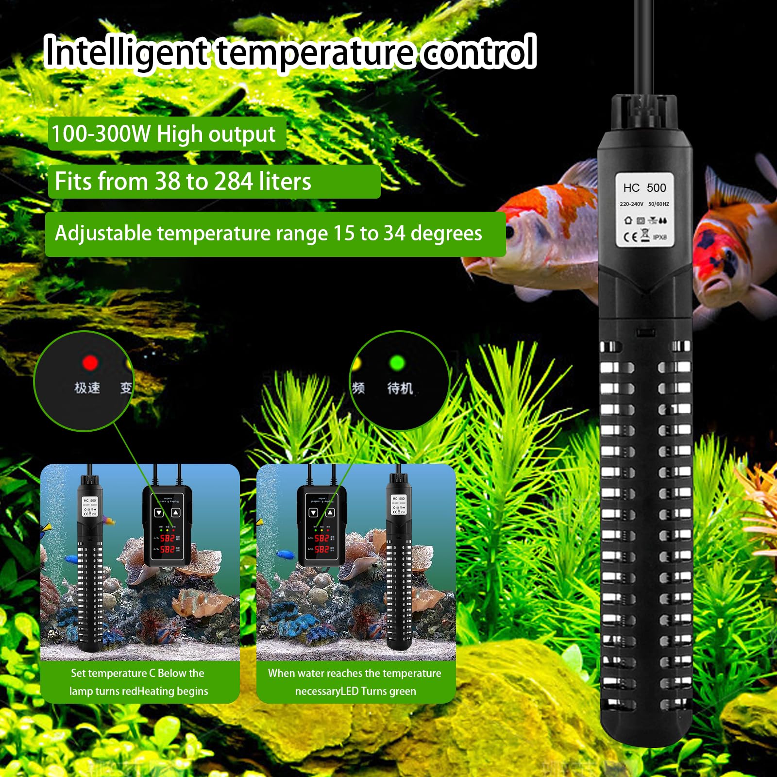 HUIZHOU Chauffage pour Aquarium (15-34 °C), thermoplongeur pour Aquariums et bassins à Poissons avec régulateur de température et Protection Contre la surchauffe (500W)