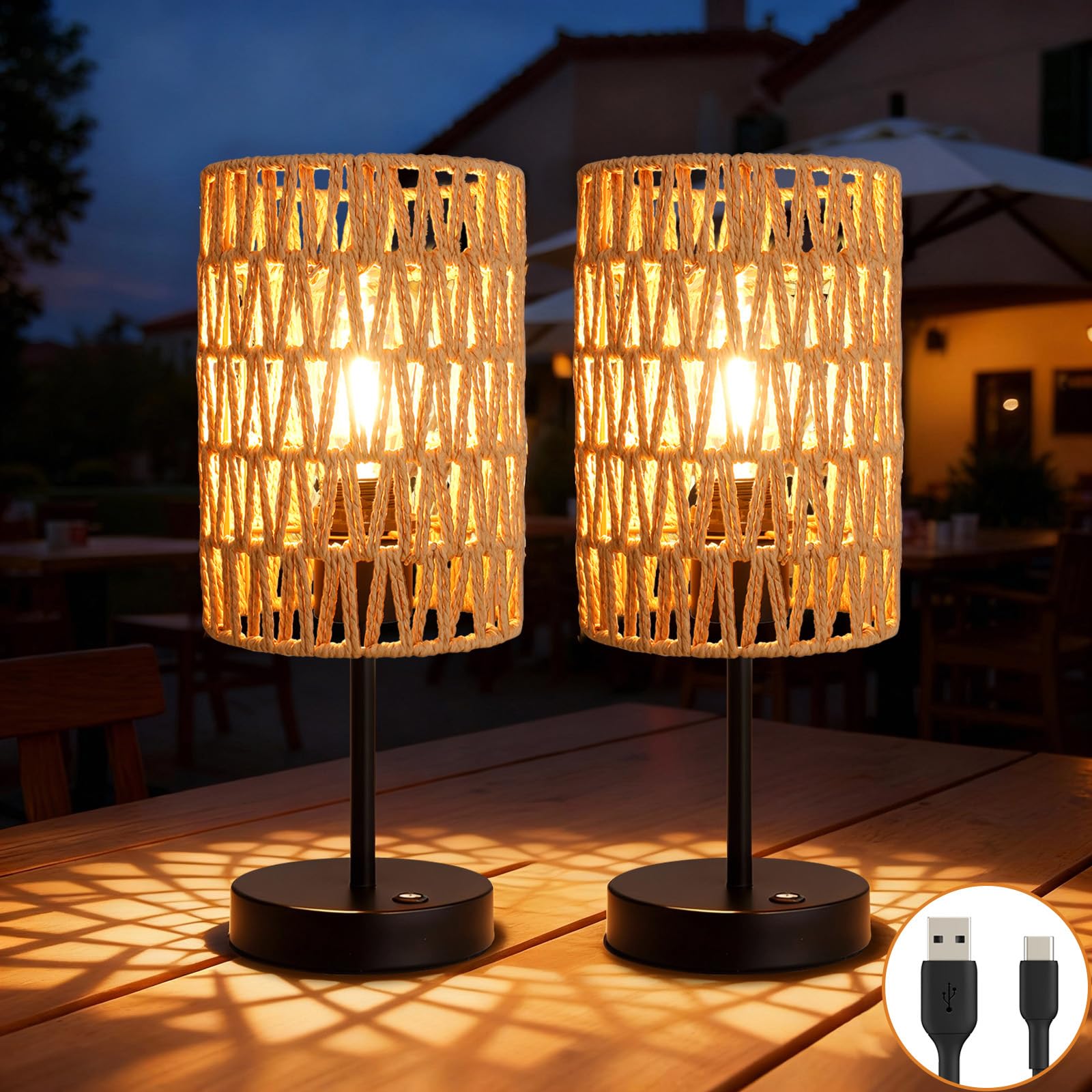 ALL FORTUNE Rattan Boho Cordless Table Lamp Set of 2