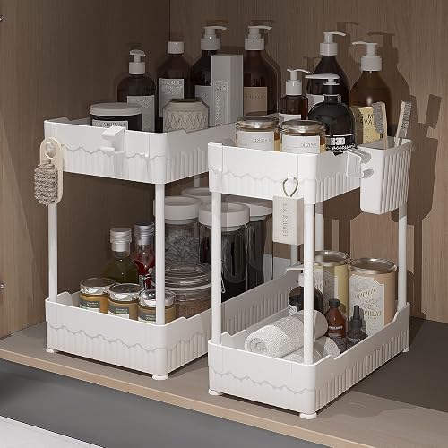 Sevenblue 2 Pack Under Sink Organizer, Under Bathroom Cabinet Organizer with Hooks Hanging Cup, Multi-Purpose Storage Shelf for Kitchen Bathroom (White, 12.8 Inch)