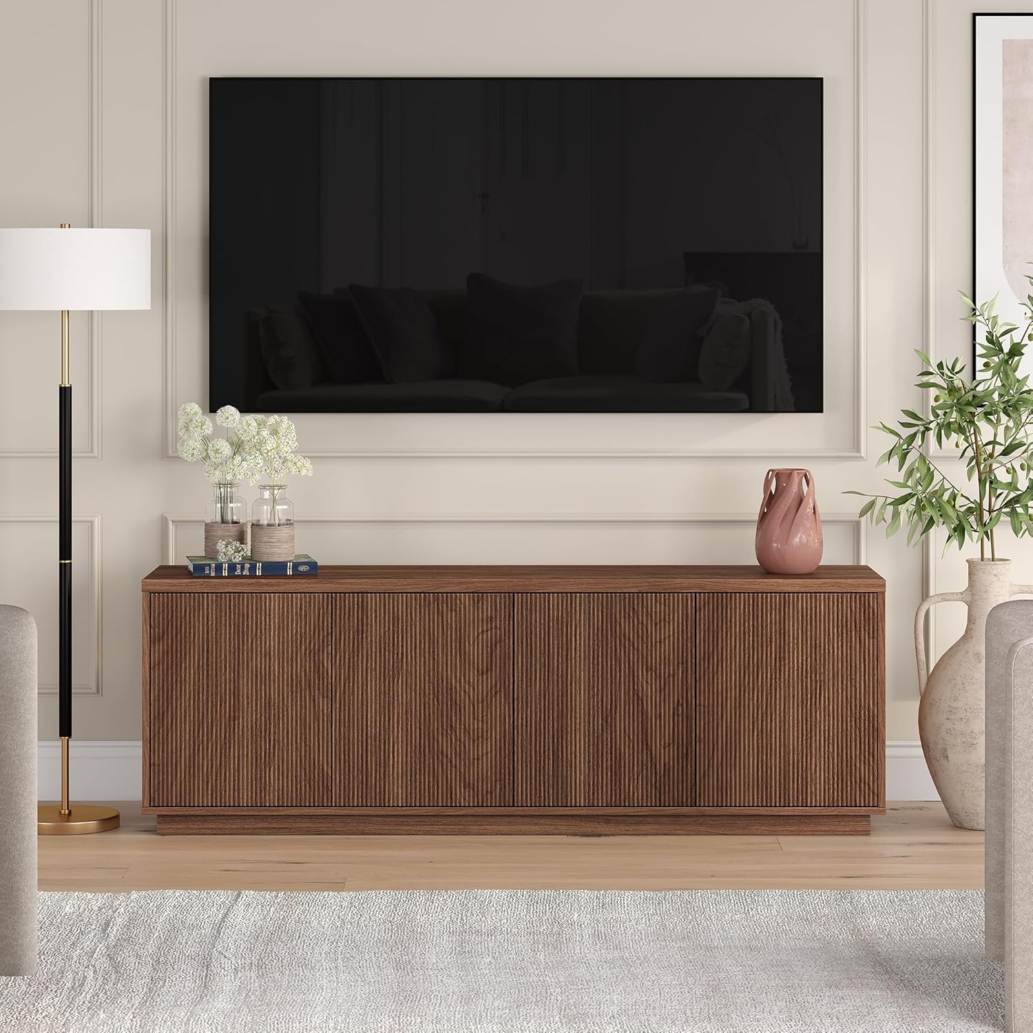 Henn&Hart Fluted TV Stand for TVs up to 75" with 2 Concealed Ribbed Storage Cabinets and Adjustable Shelves for Living Room, Family Room, or Office, Medium Walnut - Image 5