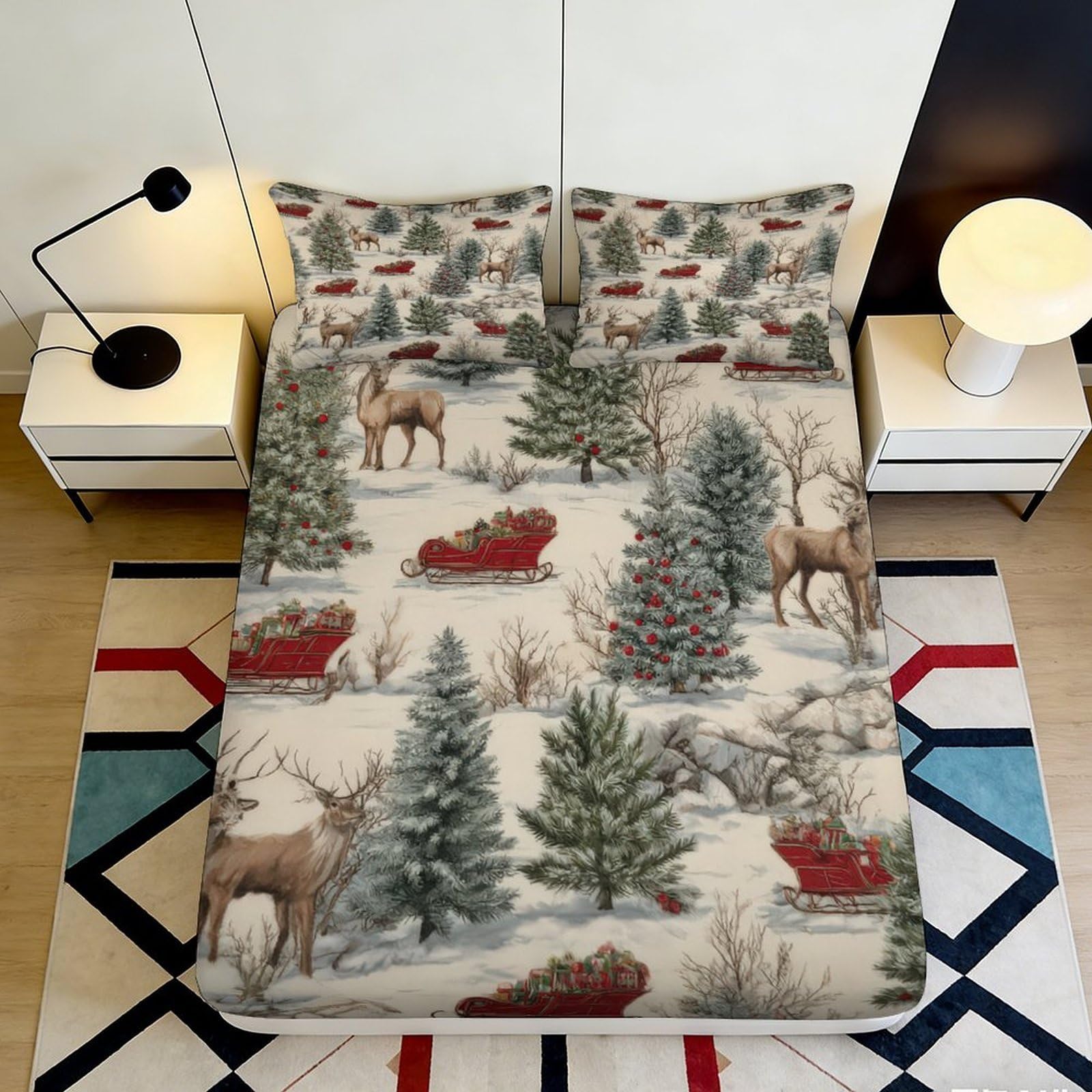 3D Printed Winter Forest Fitted Sheet Microfiber Soft Reindeer Snow Pine Tree Mattress Cover for Bedroom Guest Room 90x200x25cm